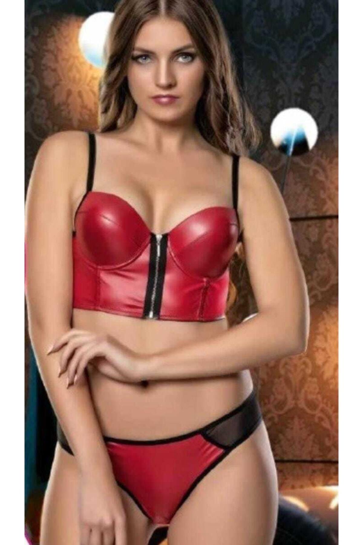 bonbonetti Deri Kırmızı Bralet Dolgulu Sütyen Takımı
