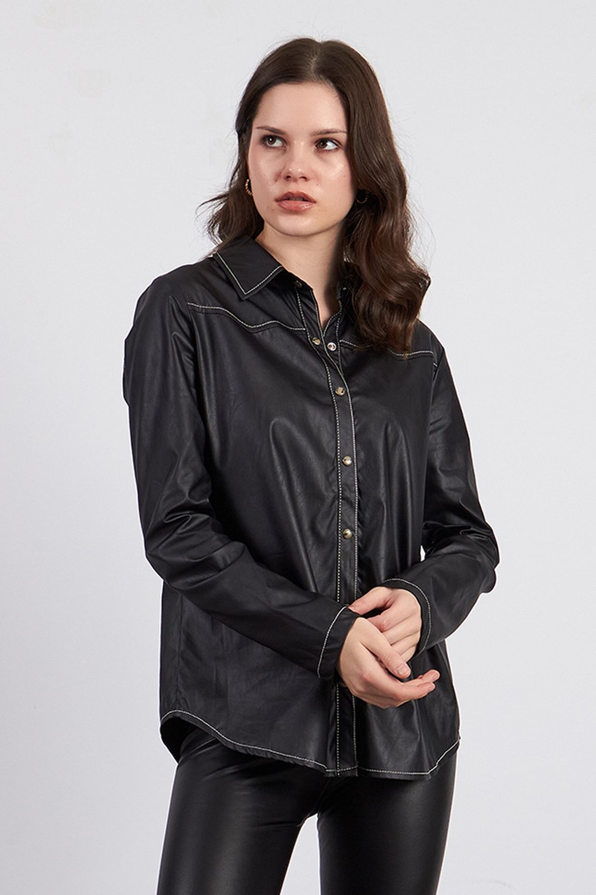 Black faux leather outlet shirt womens