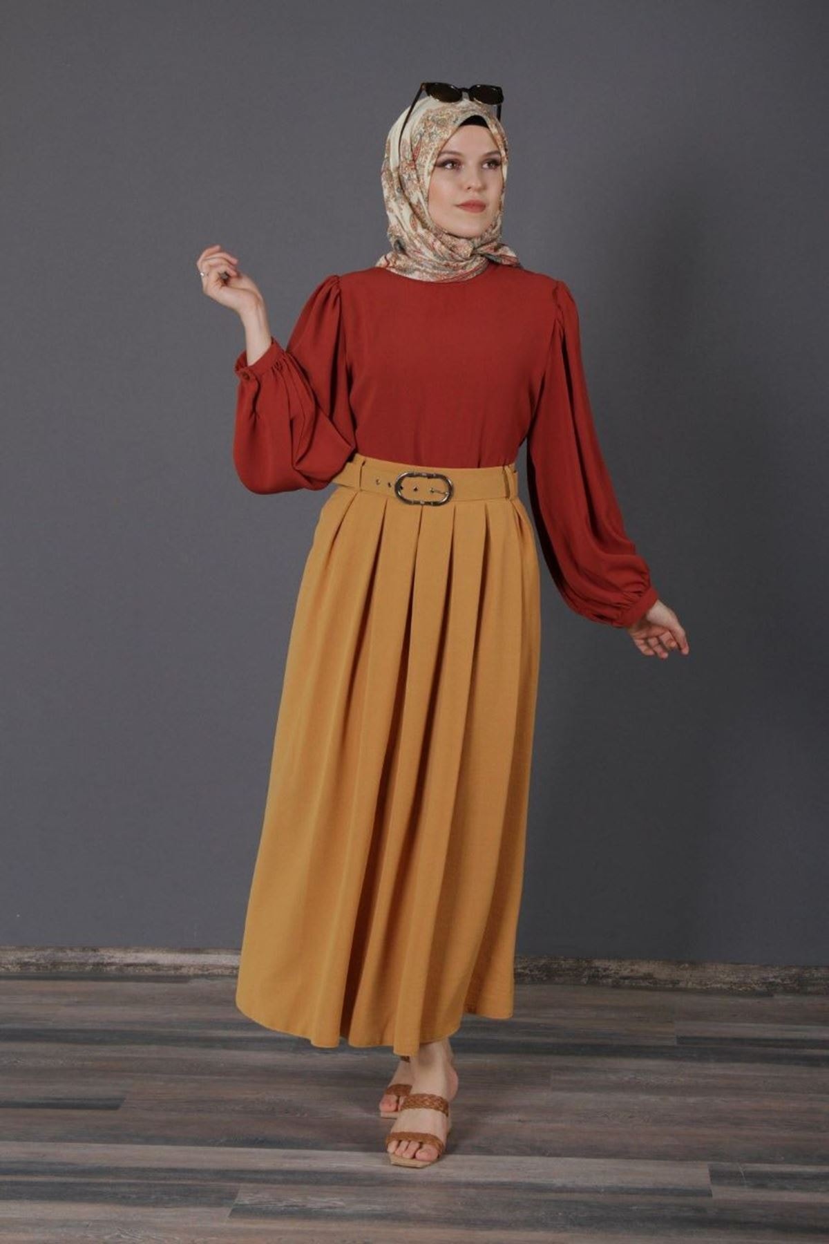 TUĞRA CENTER Kadın Piliseli Kemerli Etek - Hardal