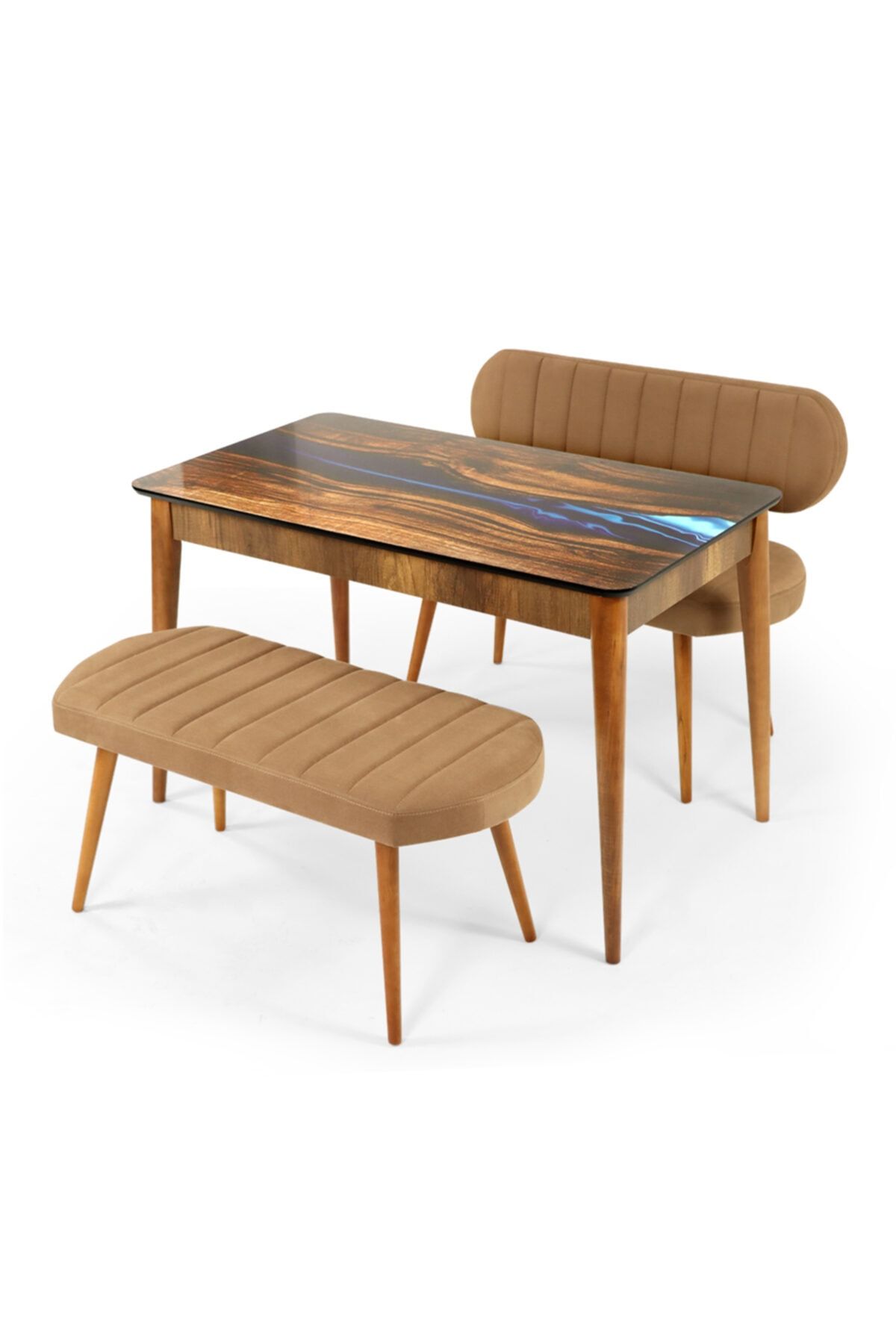 messline - Gold Bade Seri 1-sırtlı 1-sırtsız Bench (bank) Ahşap Masa Takımı Hy Glass 70x120
