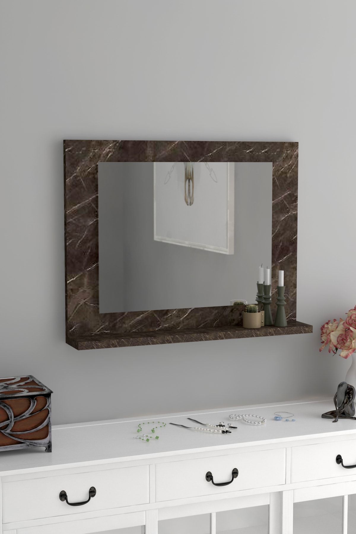 bluecape Kahve Mermer 60x45 Raflı Banyo Dolabı Wc Ofis Çocuk Yatak Odası Bahçe Lavabo Aynası