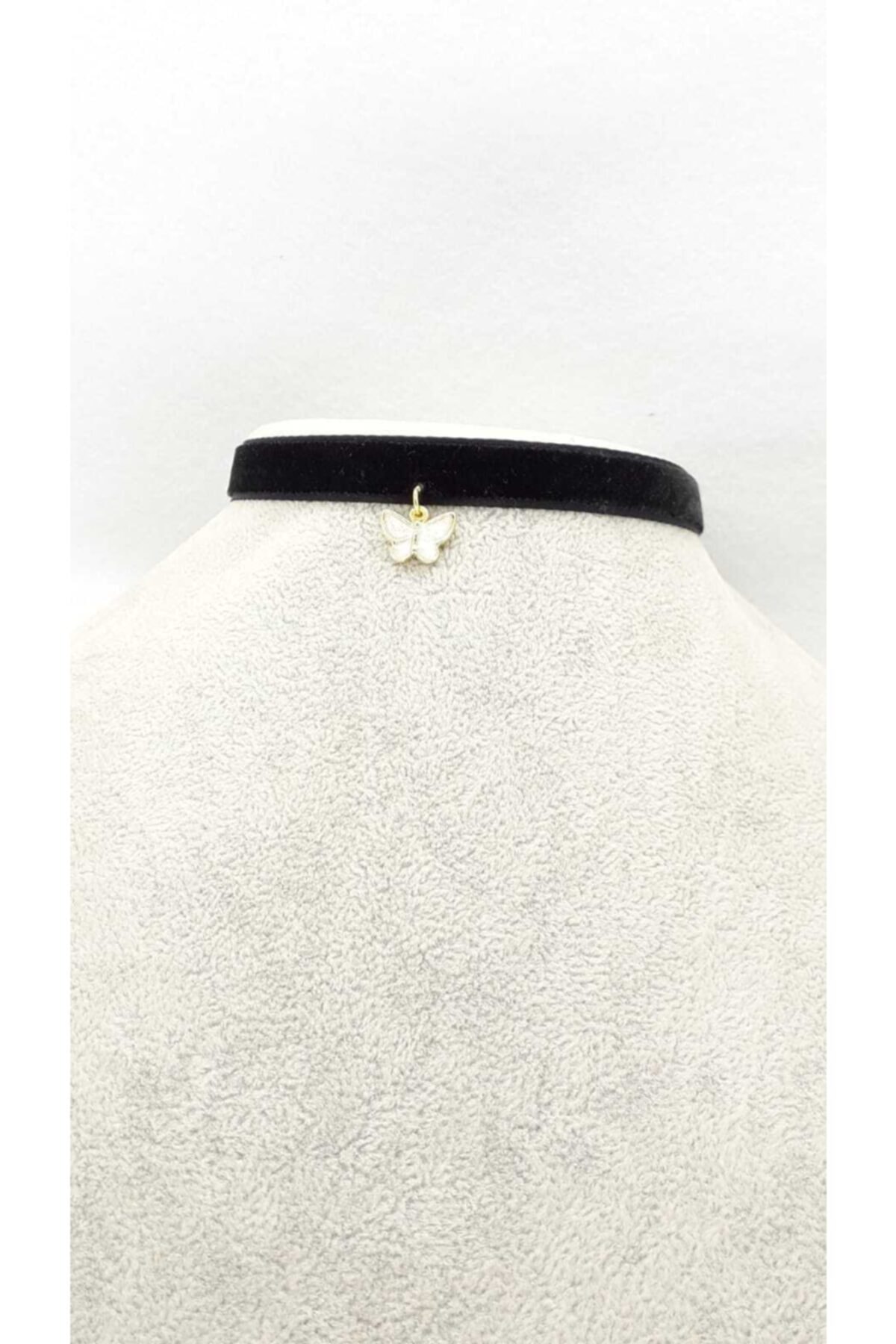 Fugusugu Beyaz Mineli Gold Kelebek Figürlü Siyah Kadife Choker