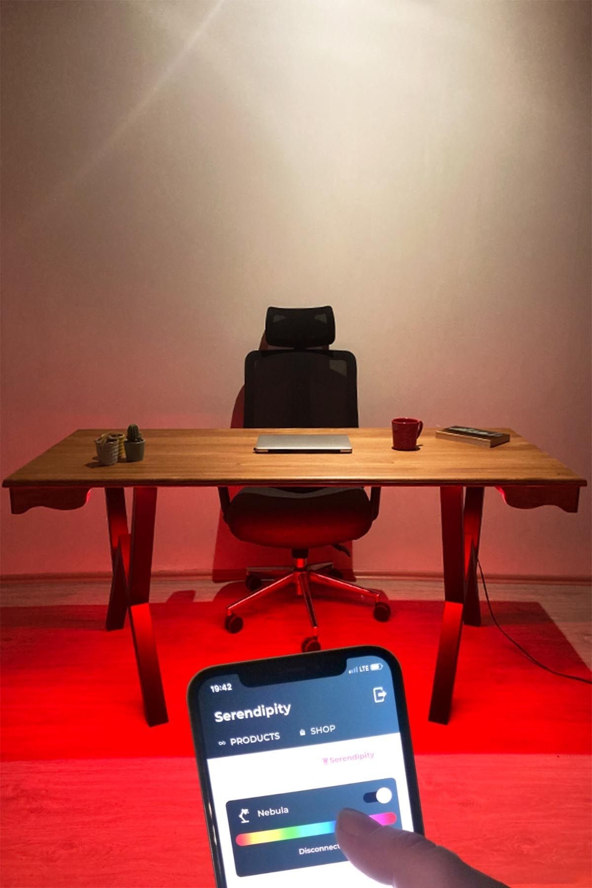 IoF Ahşap Home Ofis Masası LED Işıklı Akıllı Masif Masa 70x150 cm