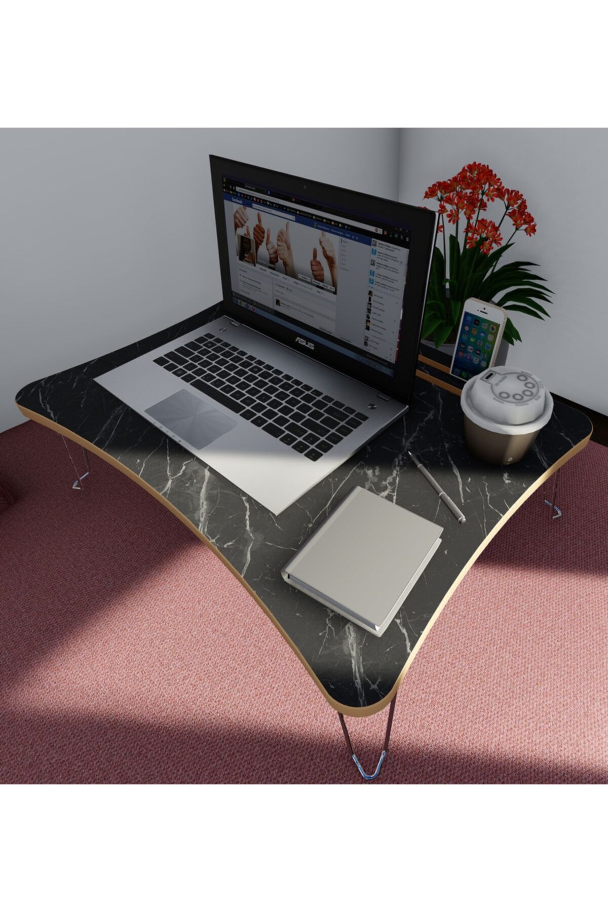 baksan Katlanır Laptop Sehpa Çalışma Kahvaltı Masası Siyah Mermer Mdf