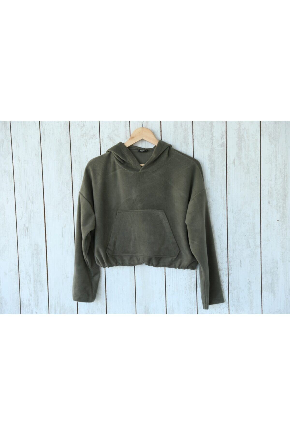 Dna Boutique Dna Haki Renk Kapüşonlu Polar Crop Top