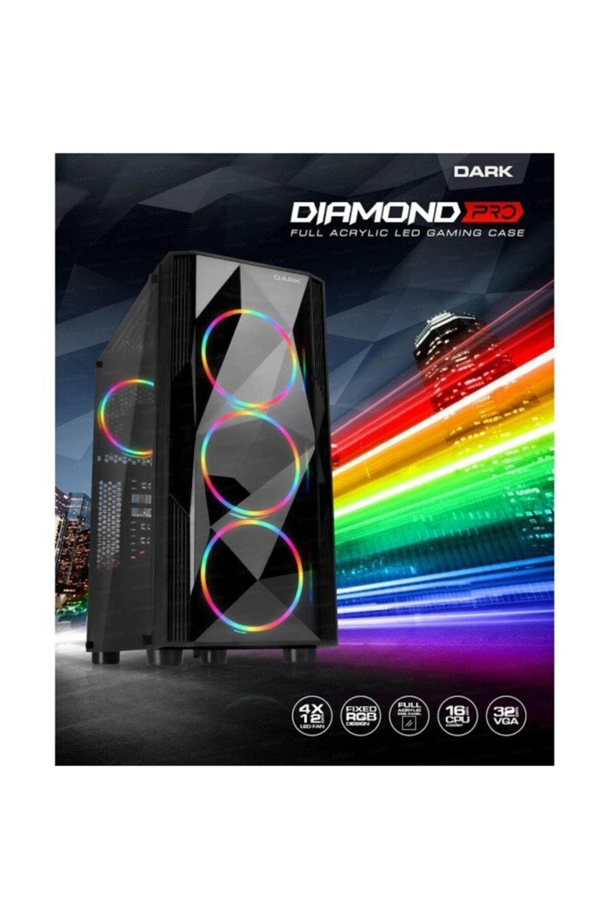 Dark Mid Tower 500w Dıamond Pro Dkchdıamondpro500 Atx Pc Kasası Pencereli Siyah