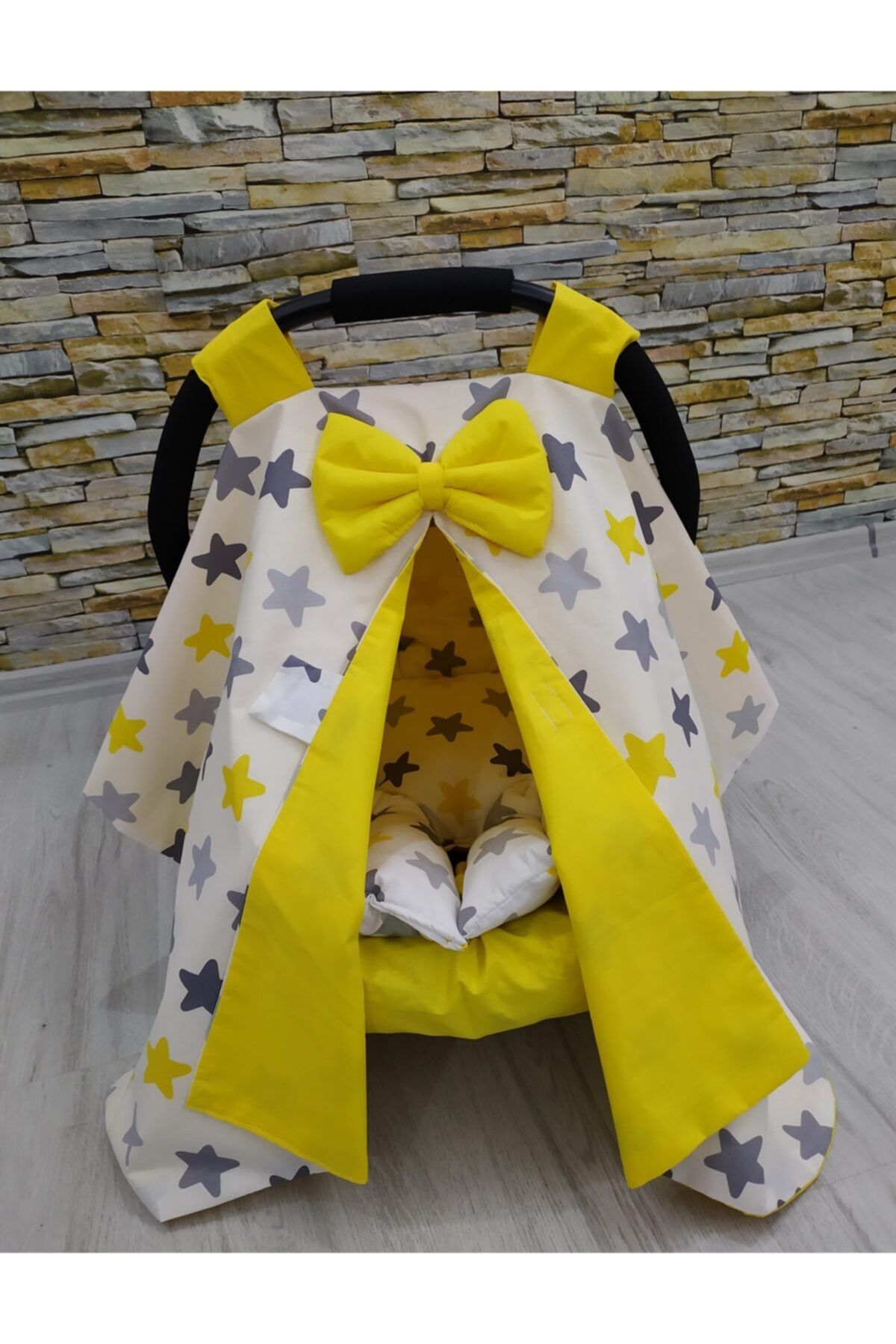 renklievimbeysehir Puset Örtüsü Seti Babynest Sarı Gri Yıldız Sarı