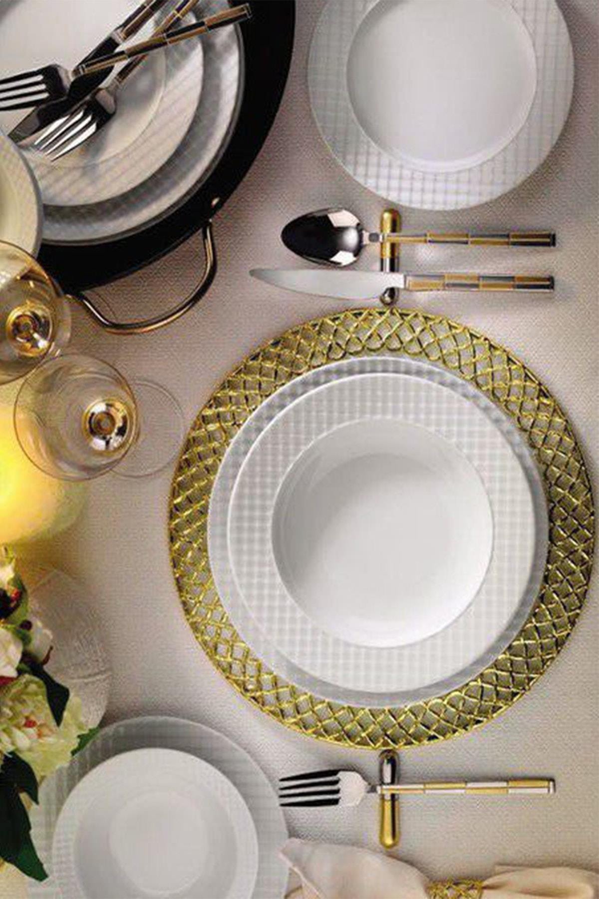 Emr züccaciye Kütahya Porselen Ekose Yemek Takımı Seti 36 Parça 12 Kişilik