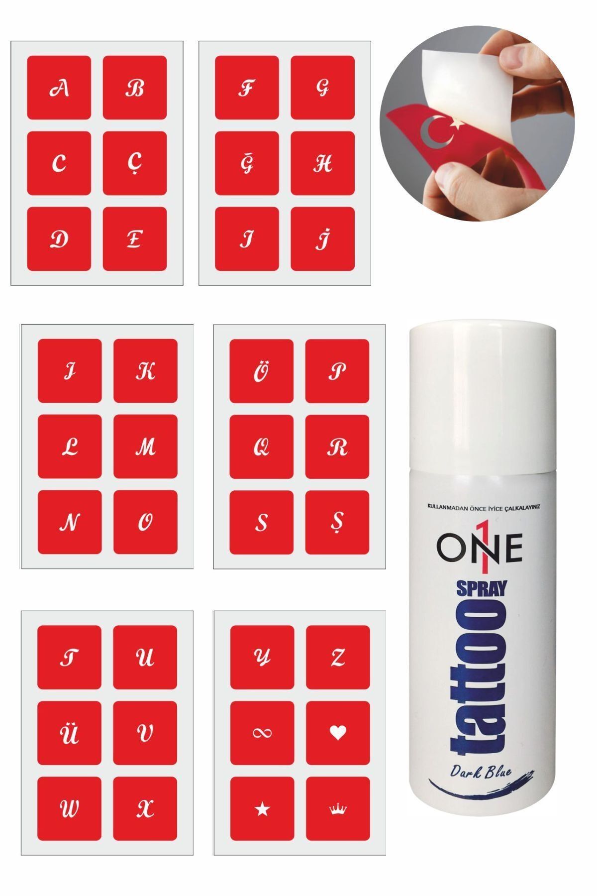 ONE SPRAY TATTOO Küçük Boy El Yazısı Harf Dövme Seti Dark Blue Sprey Ve 6 Sayfa 6600626