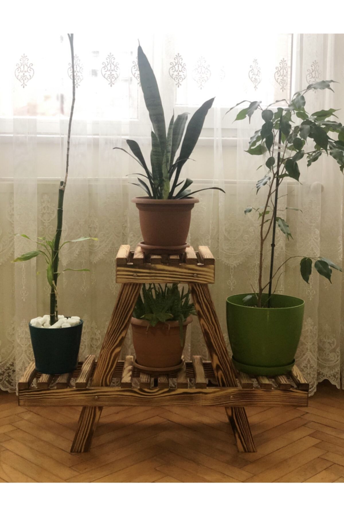 Teknik Ahşap Yakma Çam Ağacı Dekoratif Çiçeklik / Saksılık