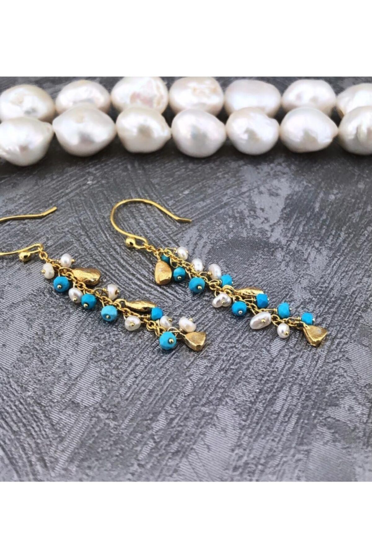 Joel Jewelry El Yapımı Turkuaz Ve Inci Taşlı 925 Ayar Gümüş Küpe