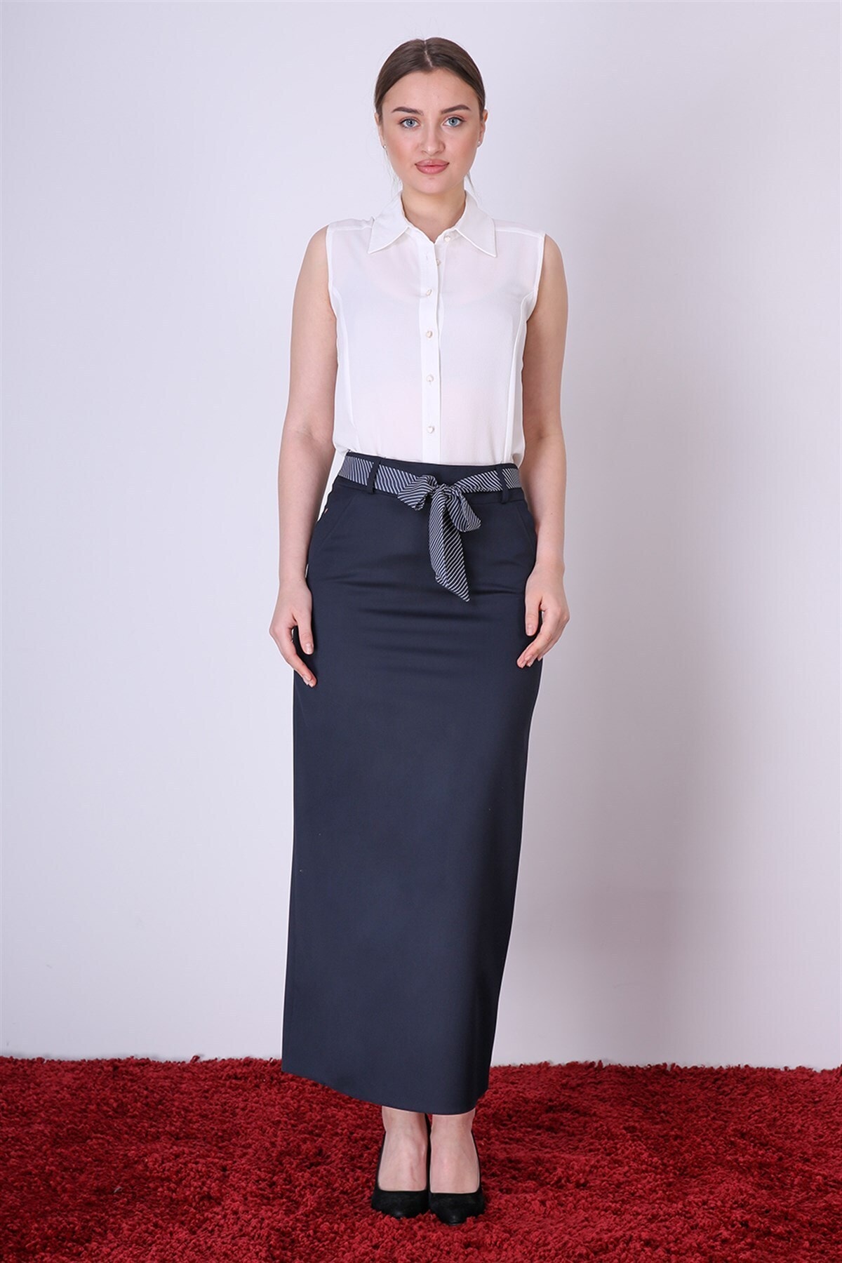 apsen Kadın Lacivert Bağlama Ve Cep Detaylı Poliviskon Tesettür Etek 2103/90