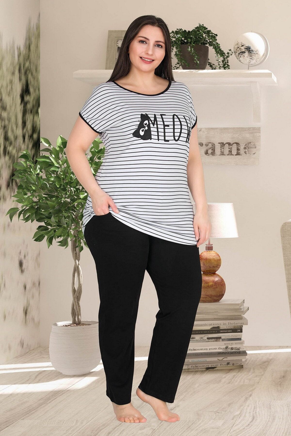 Hayal Sepeti Kadın Lady 10785 Battal Boy Büyük Beden Kısa Kol Pijama Takımı