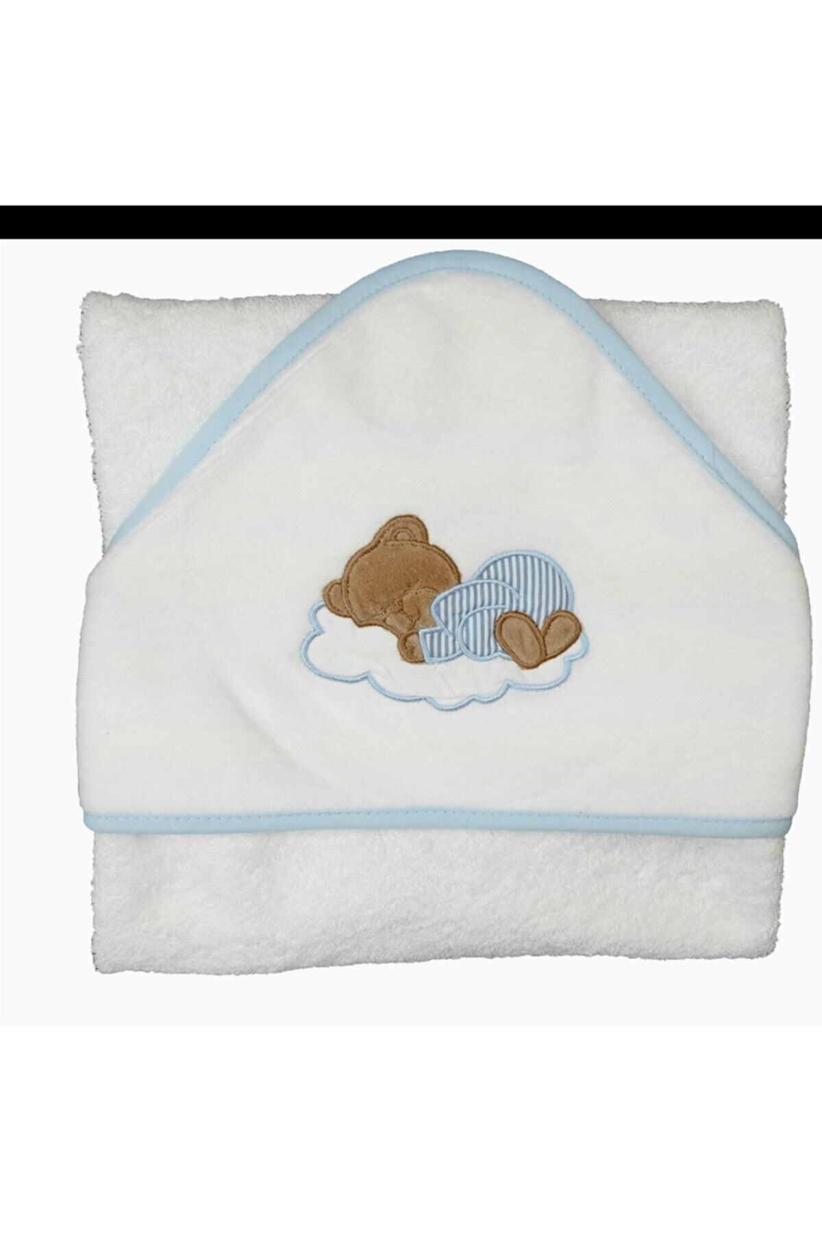 KaliteMall Baby Kundak Banyo Havlusu Uyuyan Ayıcık 75x75 cm Mavi
