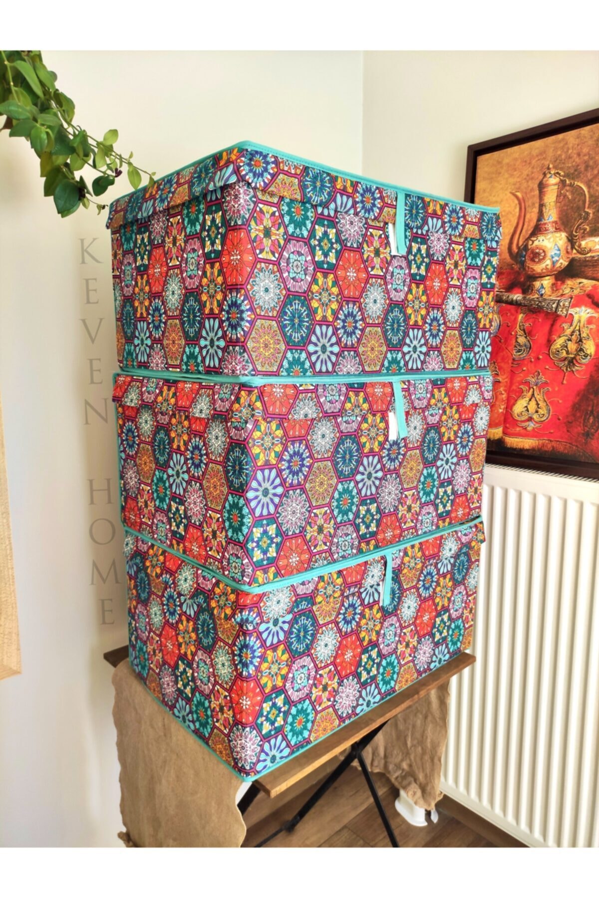 Keven Home 3 Adet Desenli Sert Hurç  Kapaklı Dekoratif Organizer Kutu Çok Amaçlı Mega Kutu 60x40x30 cm
