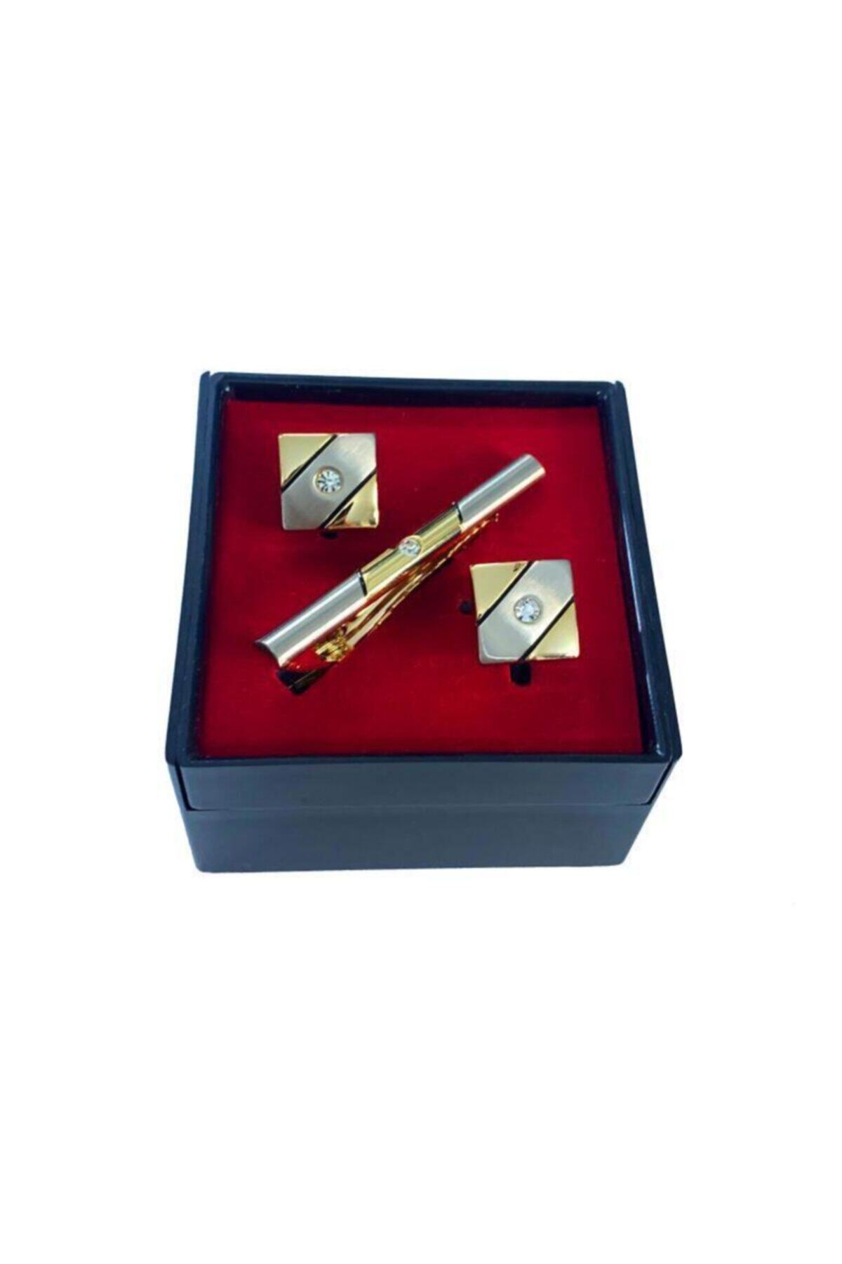 Brianze Altın Sarısı Renk Taşlı Kol Düğmesi Ve Kravat Iğnesi Set Kd-76