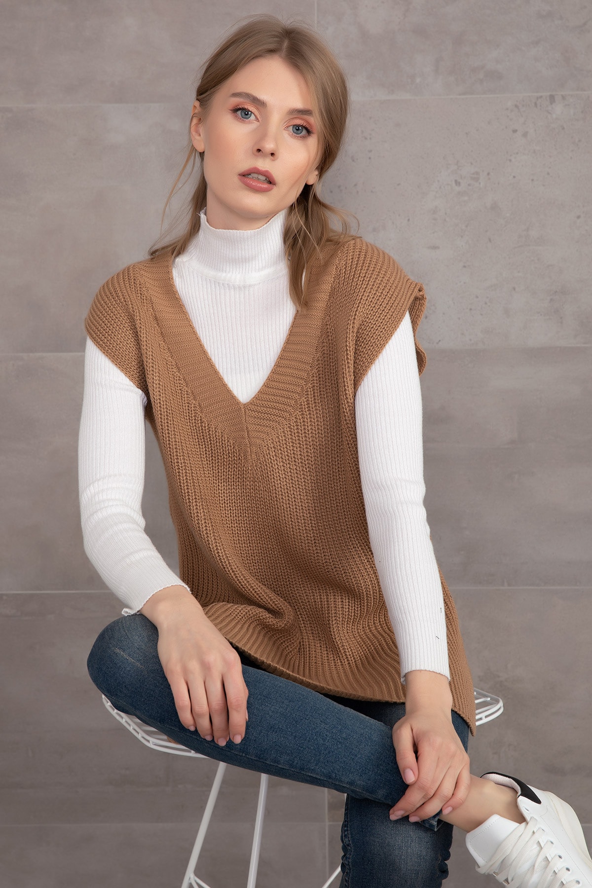 EDUES Kadın Camel Oversize Triko Süveter