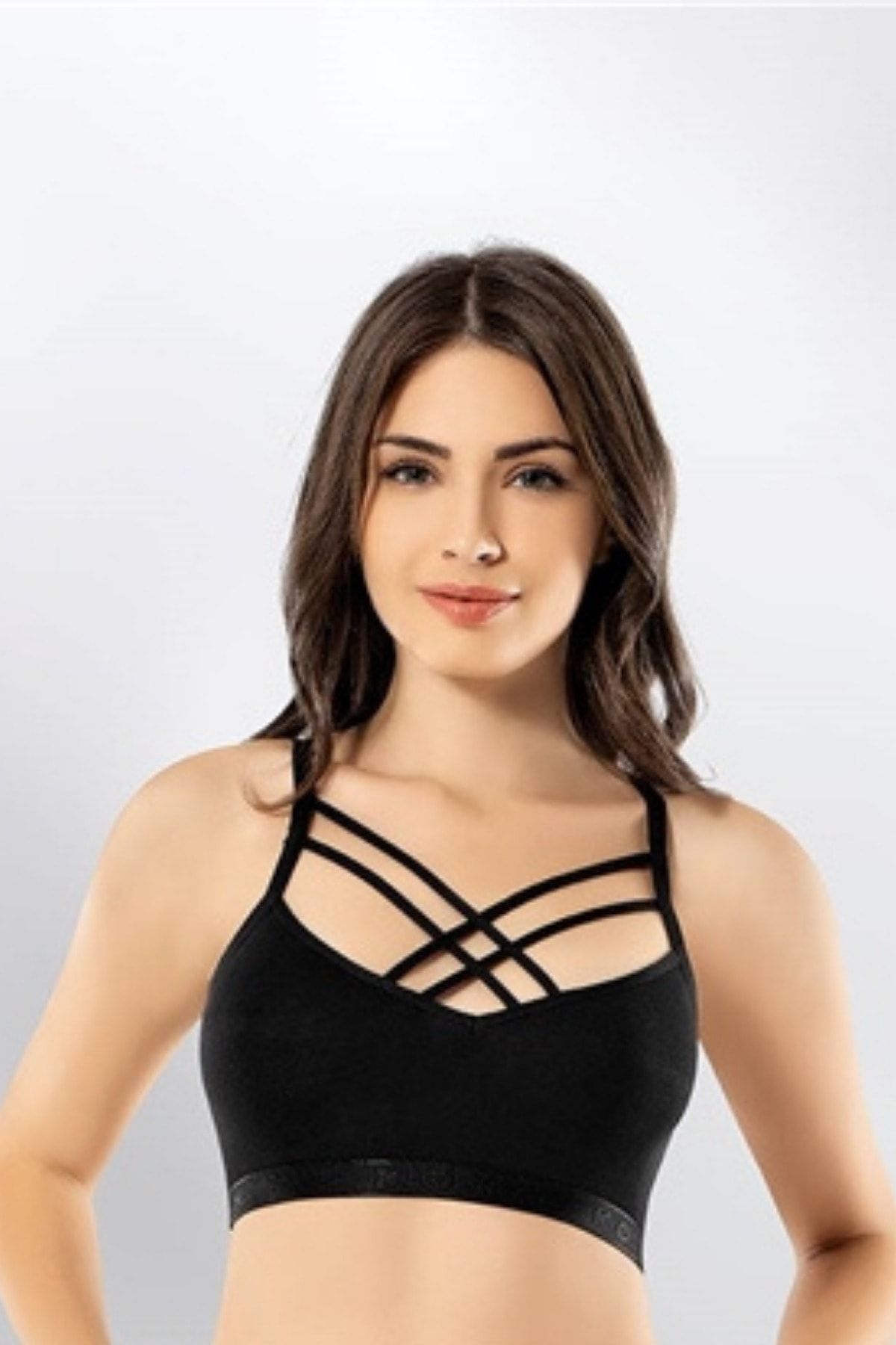 ld lidya underwear Kadın Siyah Önü Çapraz İpli Crop Top Büstiyer Atlet 6343