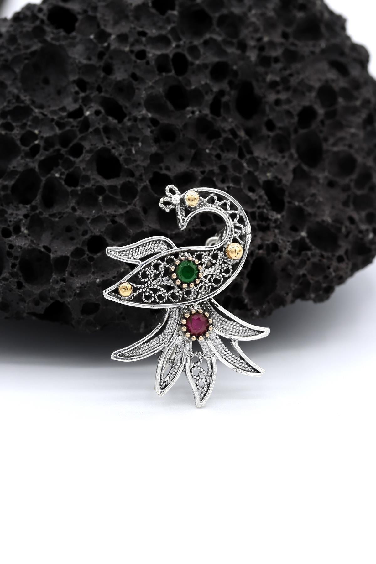 Akyüz Gümüş Tavus Kuşu Telkari Gümüş Broş 067