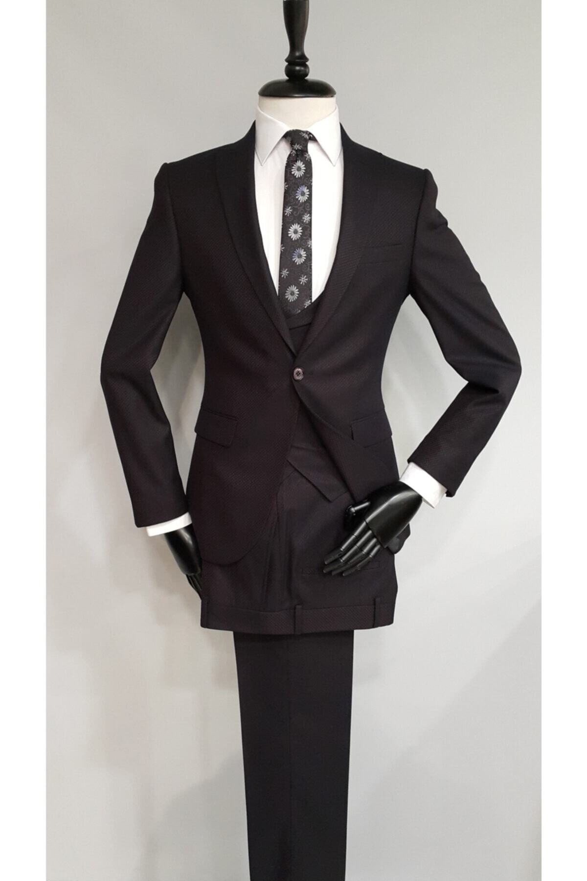 APARTRO Erkek Bordo Yelekli Slim Fit Takım Elbise