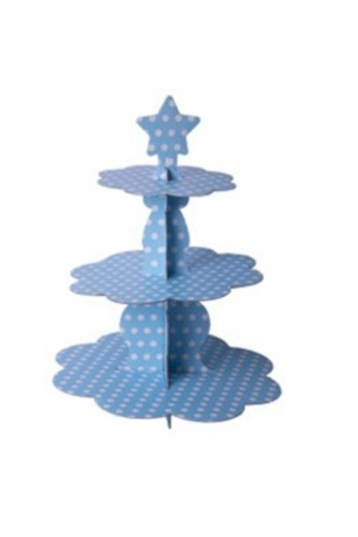 PapatyamPartiEvi Mavi Renk Beyaz Benekli Cupcake Kek Standı Karton 3 Katlı