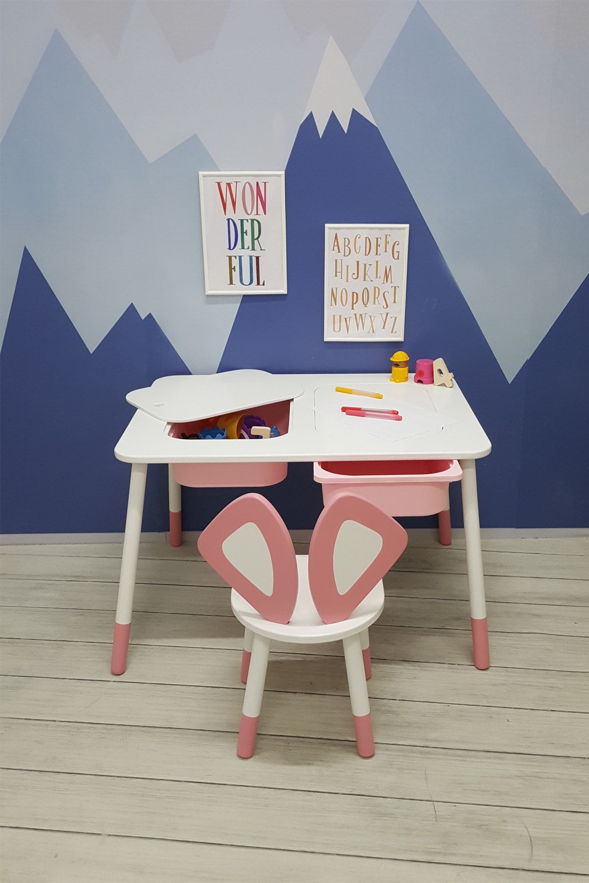 rosakids Rosa Fare Kulak Çocuk Masa Sandalye (2 KUTULU) (PEMBE-BEYAZ TAM BOYALI)