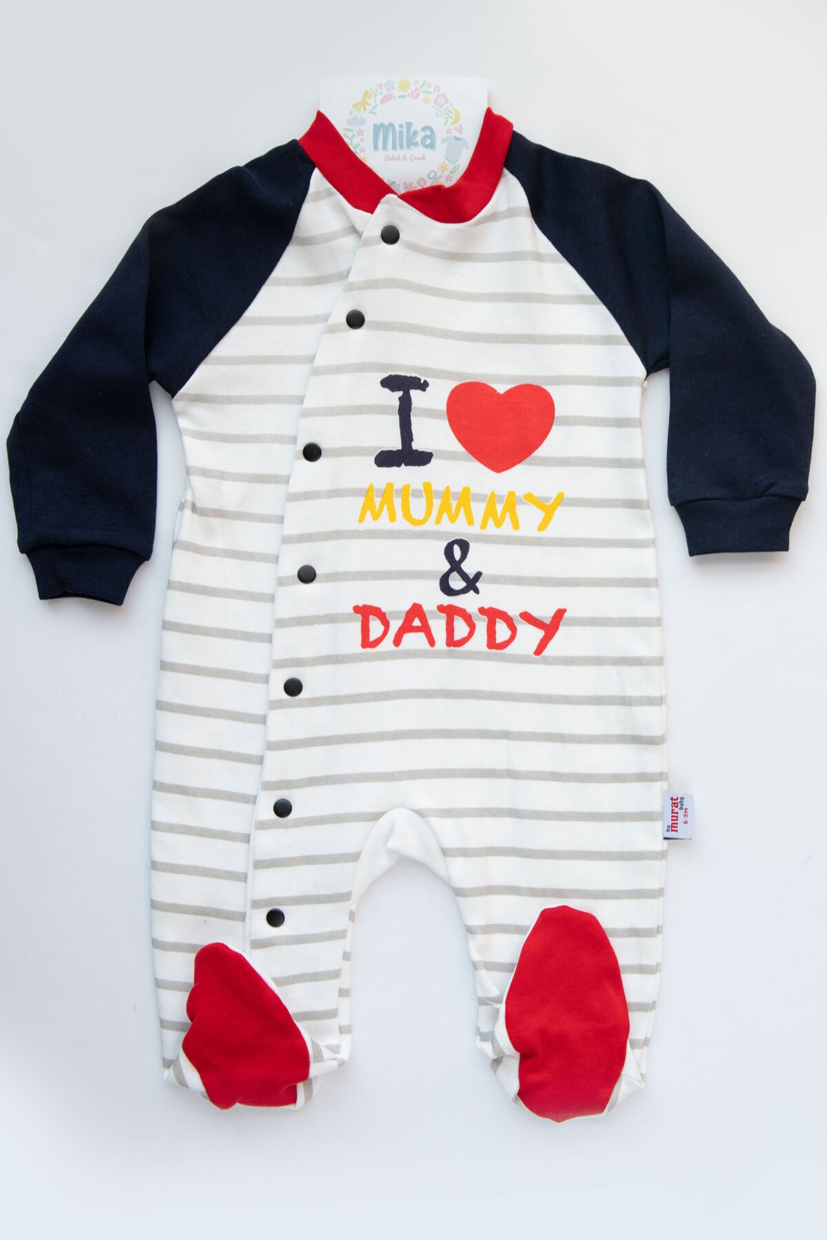 Mika Bebek & Çocuk Anne Babamı Seviyorum Unisex Bebek Lacivert Kırmızı Beyaz Tulum