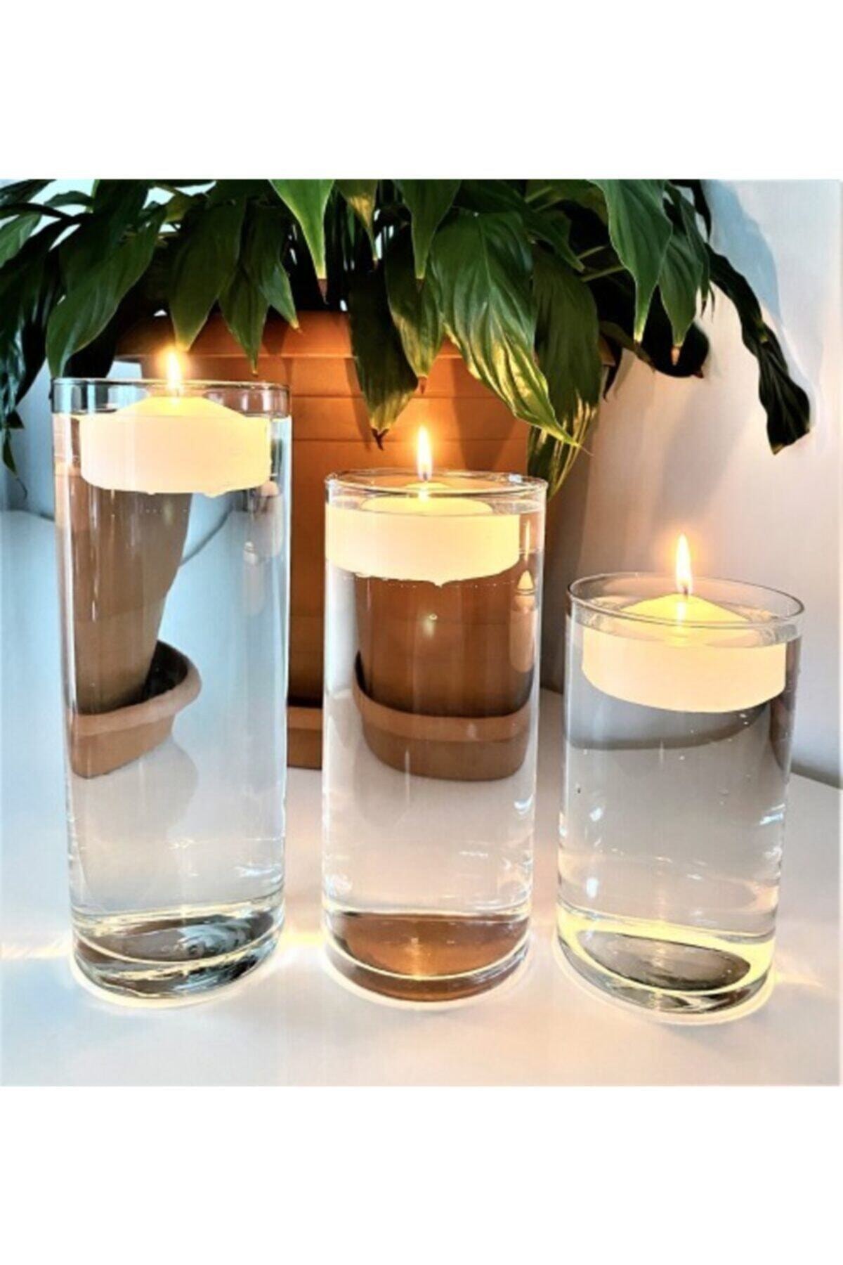 Sözen Yüzen Mum Vazosu 3 Lü Set (3 Adet Orta Boy Yüzen Mum Hediyeli)