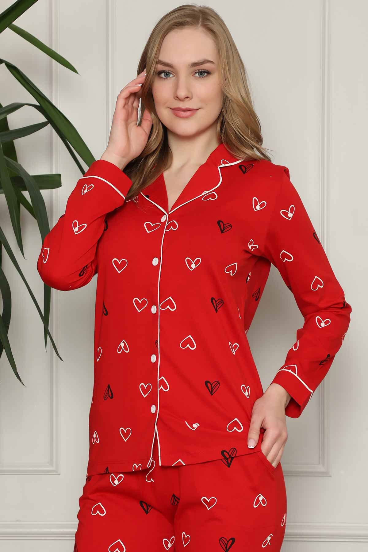 ALİMER Kadın Kırmızı Kalp Desenli Önden Düğmeli Gömlek Yaka Uzun Kollu Pijama Takımı 2581uk-k