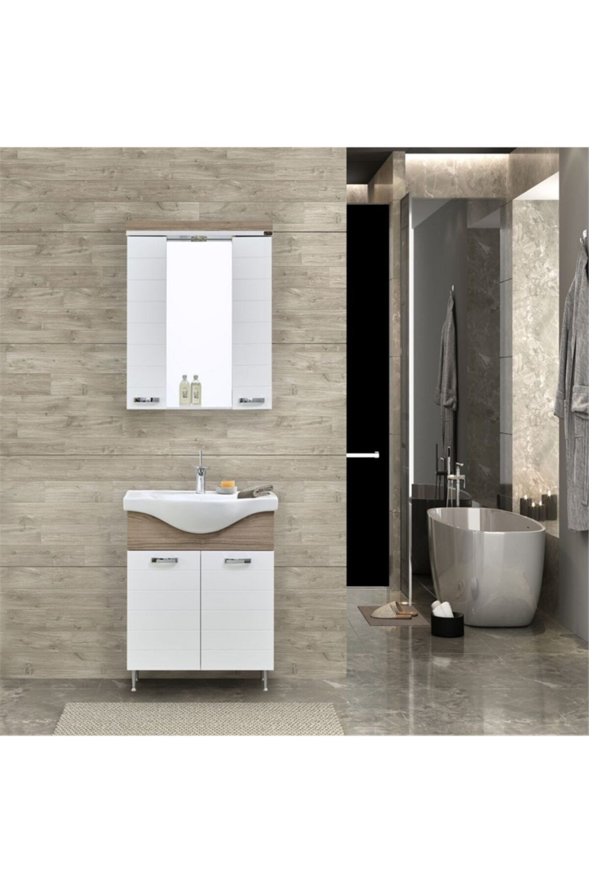 Gold Banyo Deco Beyaz Banyo Dolabı 80 Cm Seramik Lavabo