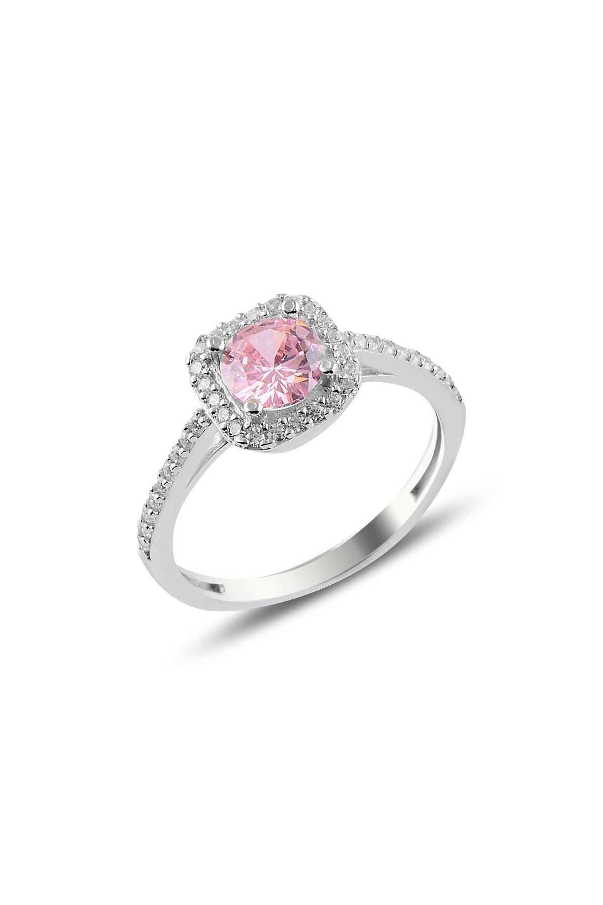 Söğütlü Silver Gümüş Rodyumlu Pembe Taşlı Kare Yüzük