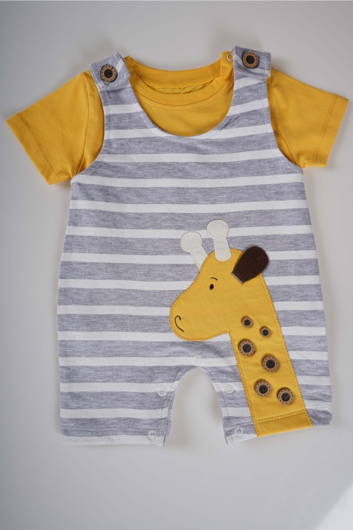 MİNİKO KİDS Unisex Bebek Sarı Zürafa Modelli Tişörtlü Çıtçıtlı Salopet Tulum