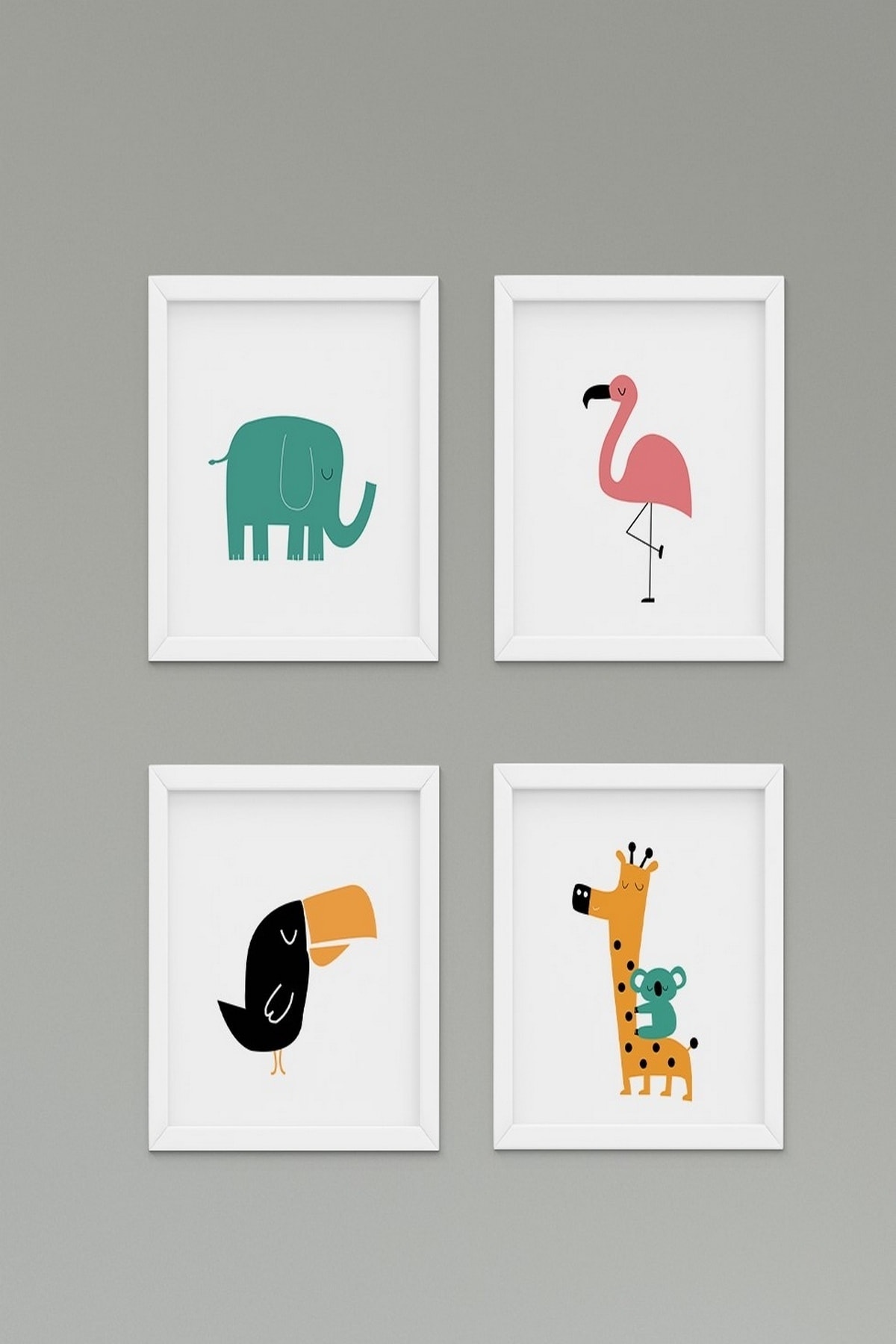 CİCİ TASARIM ÜRÜNLERİ 4lü Flamingo,fil,koala,zürafa Çocuk Bebek Odası Duvar Tablo