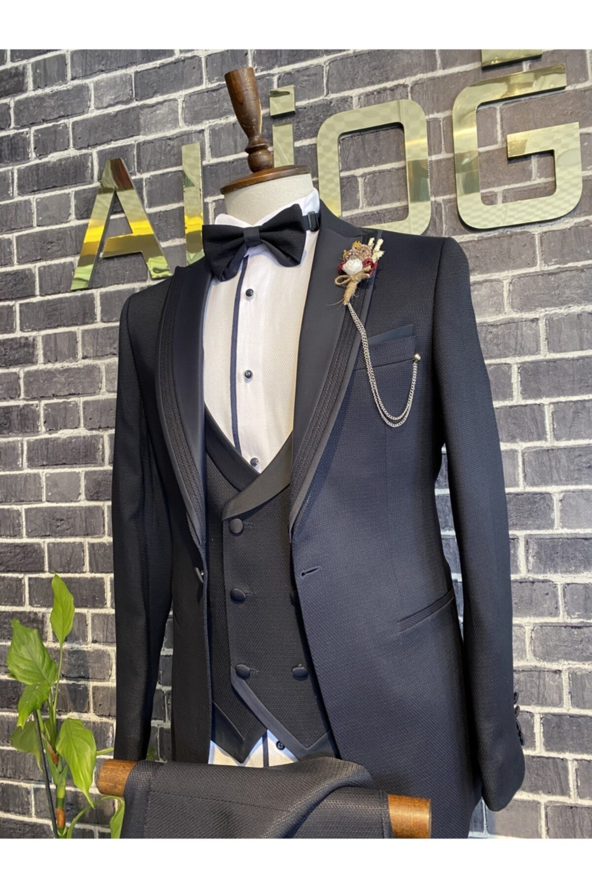 RAGAZZO Erkek Lacivert Kendinden Desenli Slim Fit Smokin Damatlık 3’lü Set