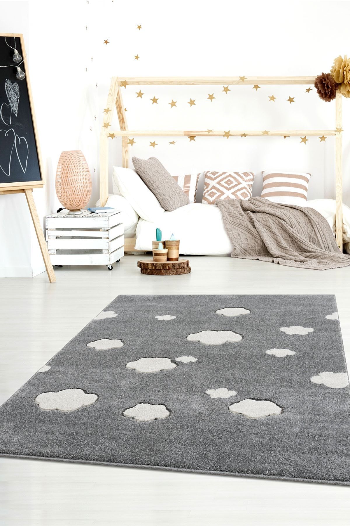Eliz Home Gri Bulut Desenli Modern Oymalı Makina Dokuma Çocuk Odası Halısı