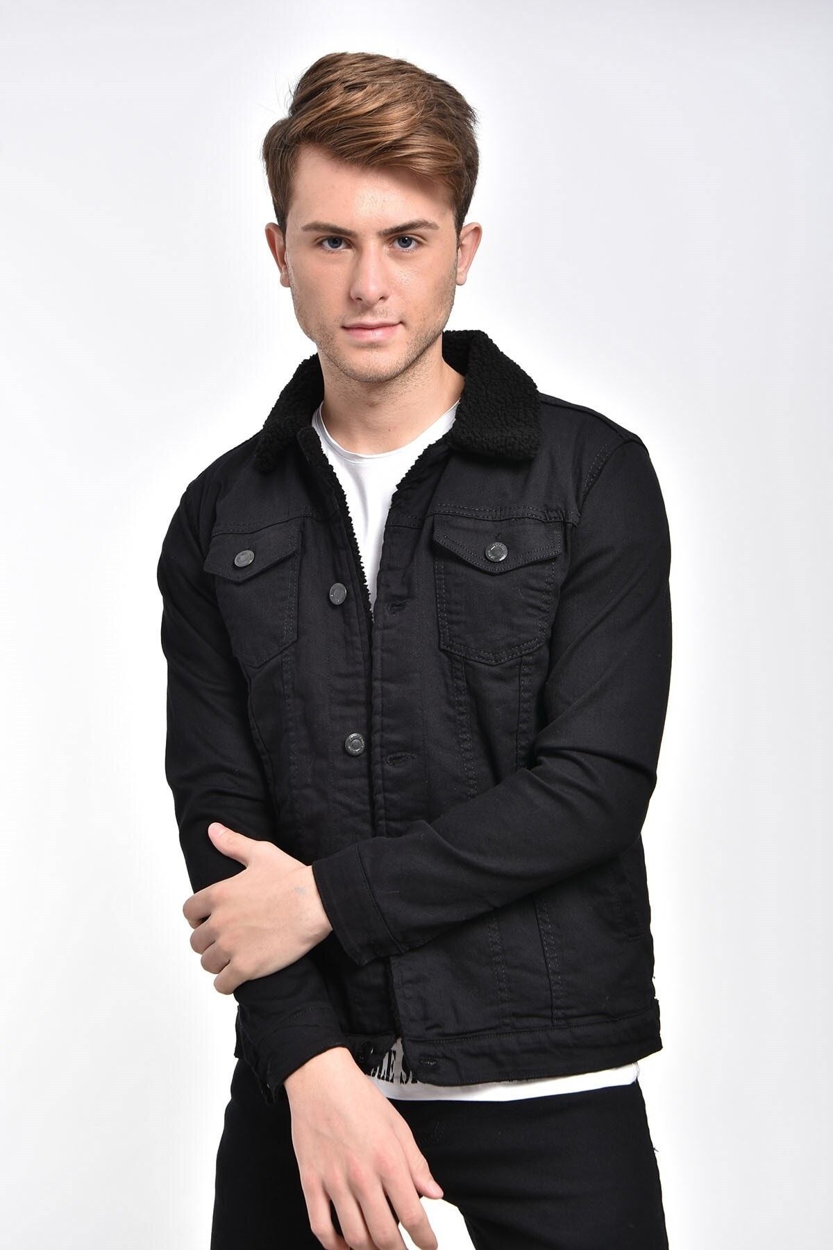 Oliggopol Men s Black Tight Fit Fur Lined Denim Jacket Coat