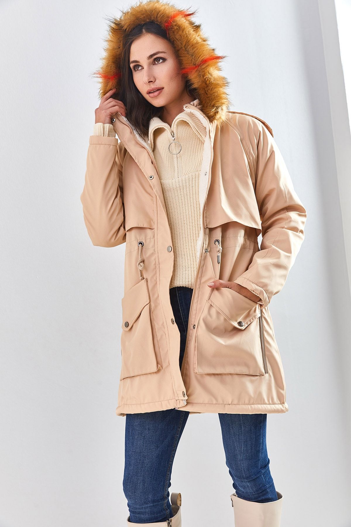 Camel coat with best sale fur hood