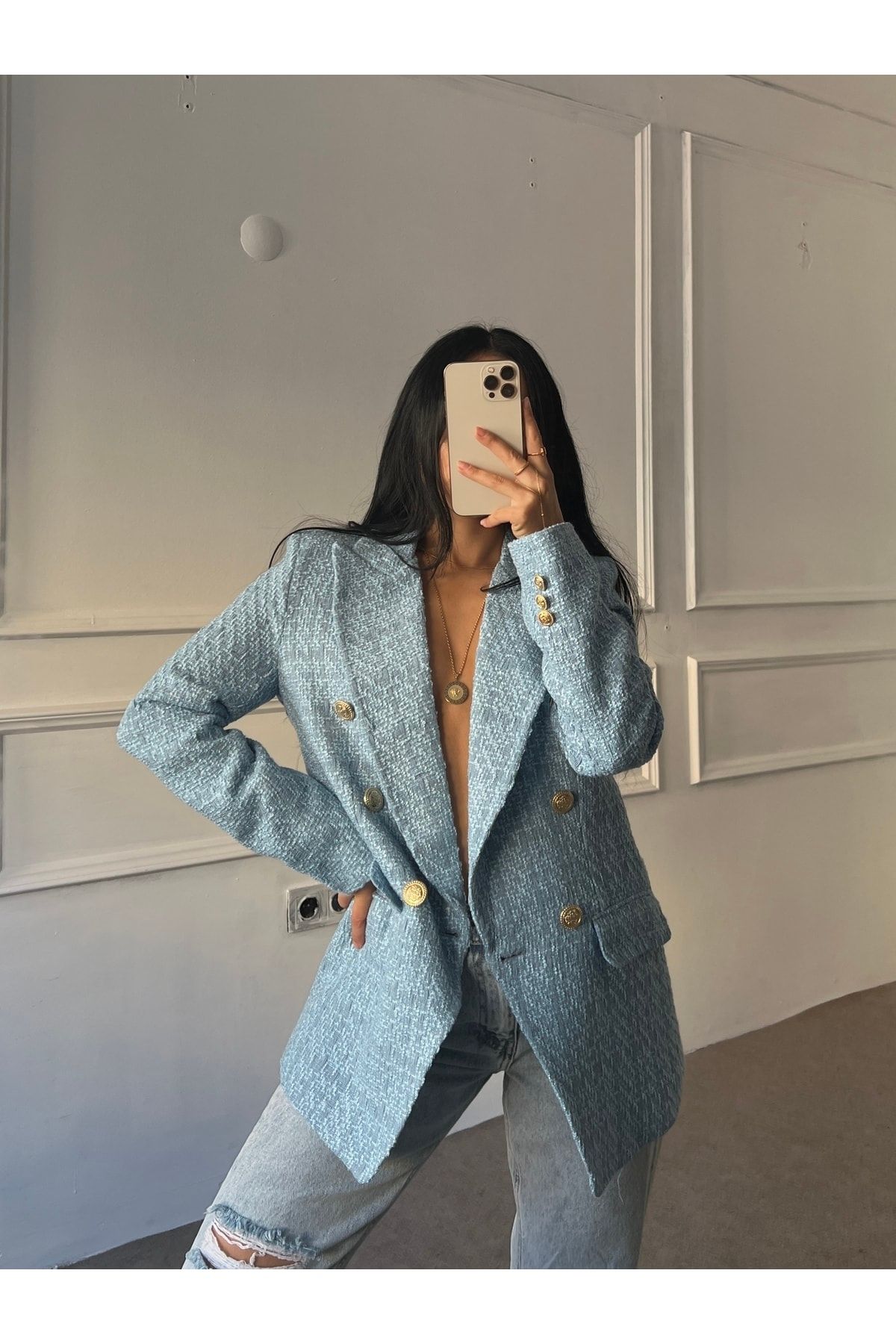 OKSO Double Breasted Tweed Blazer Jacket Baby Blue Trendyol