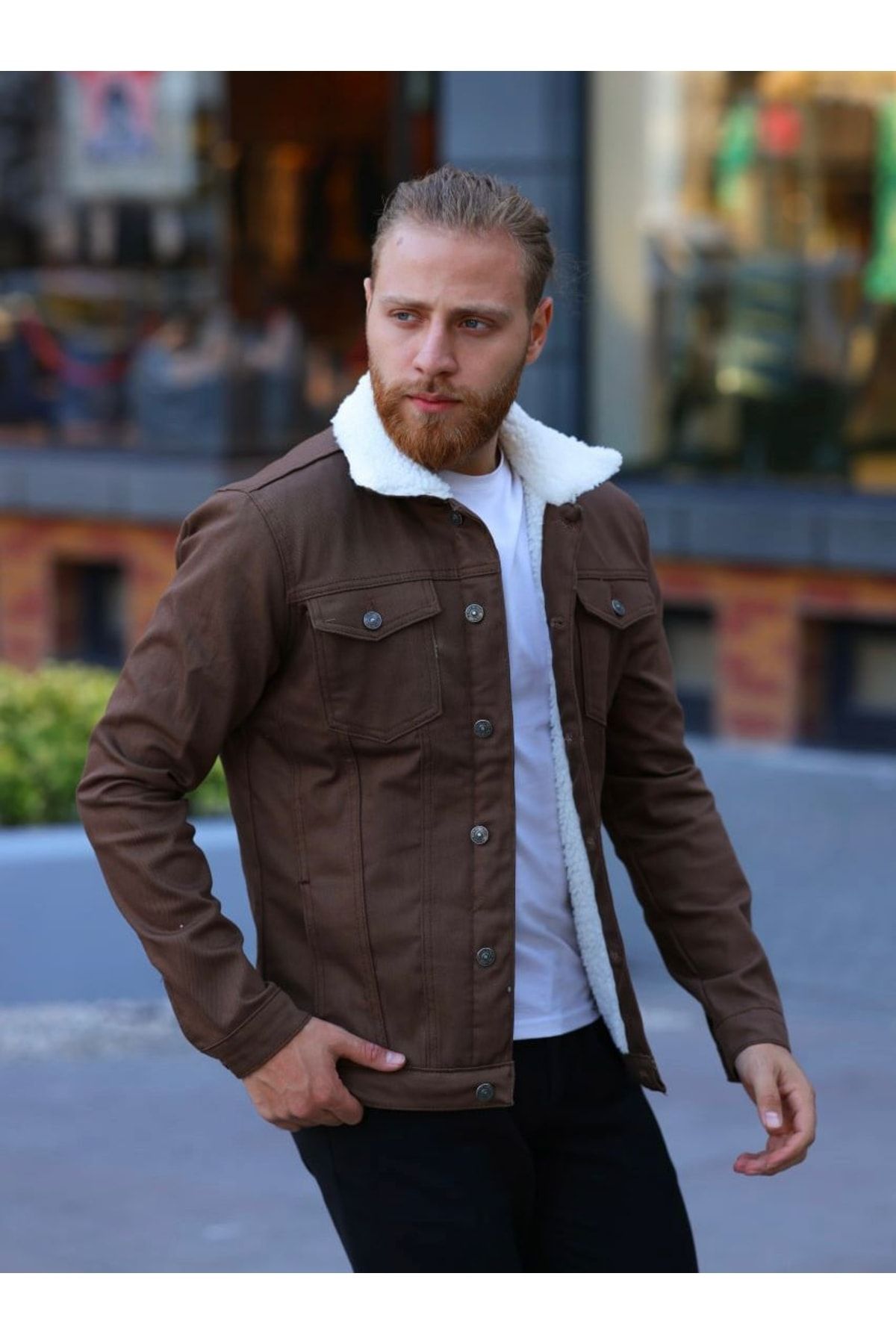 Acne Studios Faux Fur-trimmed Denim Jacket in Brown for Men | Lyst