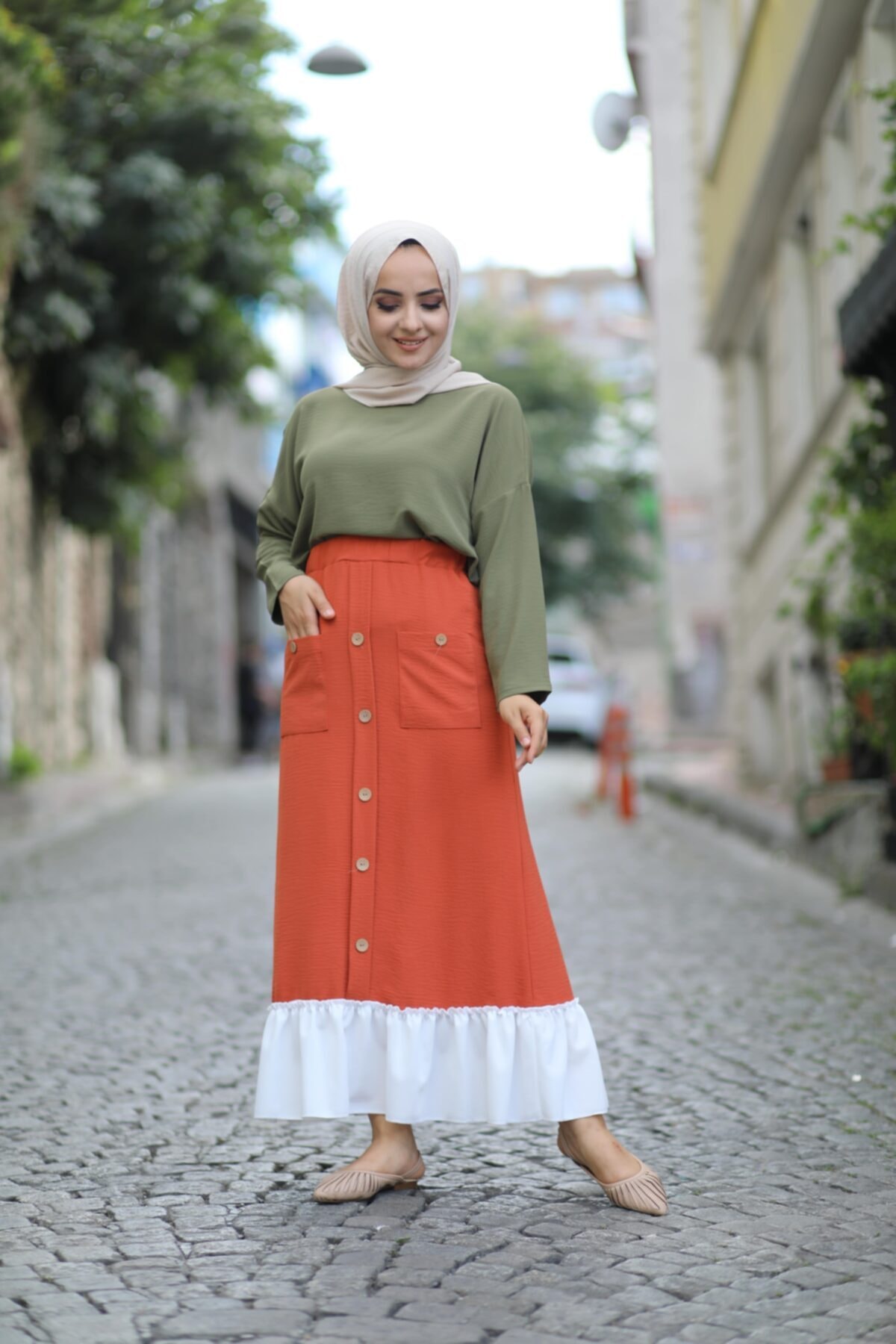 ALLMİRA FASHION Kadın Taba Ucu Beyaz Fırfırlı Tesettür Etek