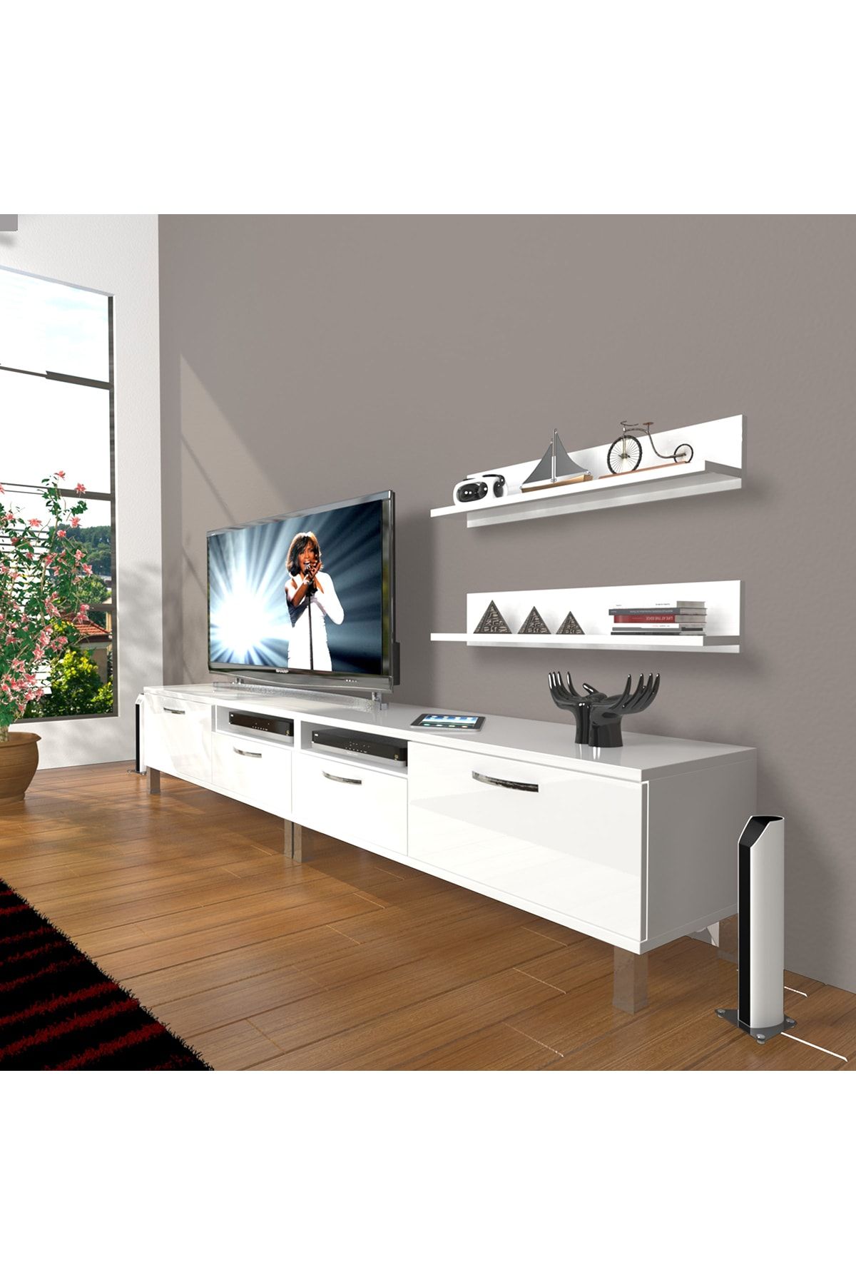 Decoraktiv Eko 220r Mdf Krom Ayaklı Tv Ünitesi Tv Sehpası Parlak Beyaz