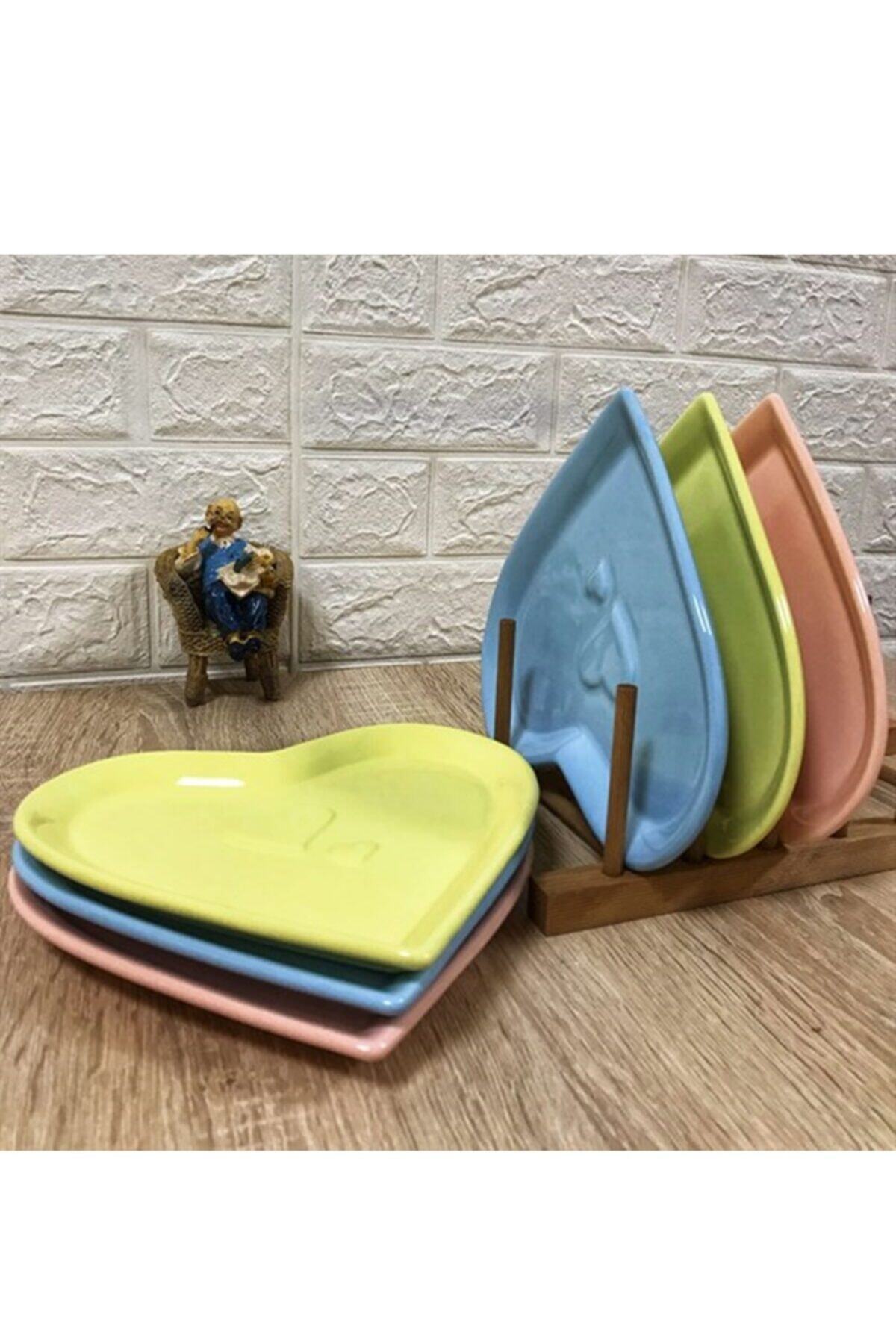 Billhom Sarı-mavi-pembe 6'lı Seramik Kalp Pasta Tabağı 20 Cm