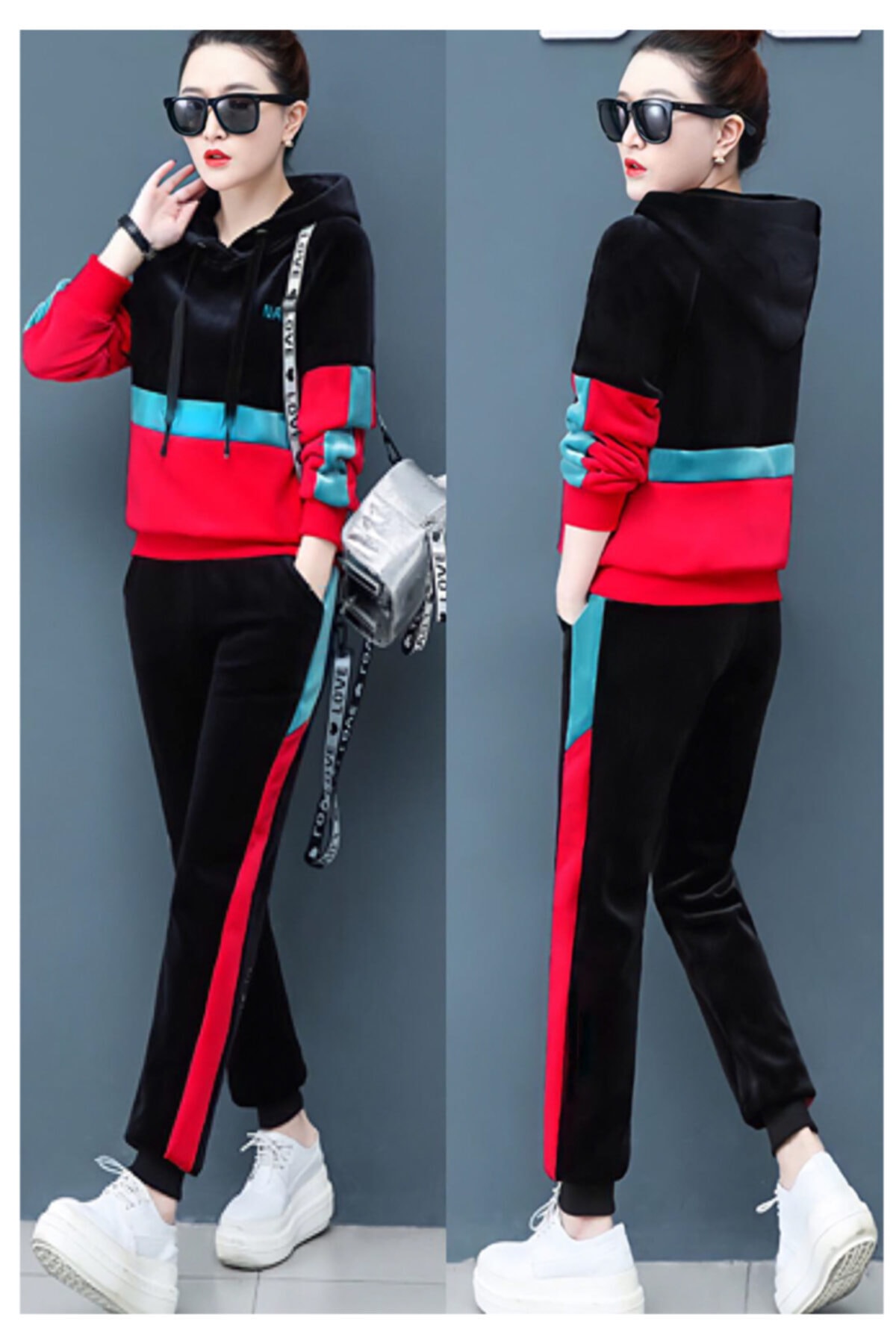 ELBİSENN Yeni Model Kadın Ithal Kadife Garnili Şerit Detay Ikili Takım (Kırmızı)