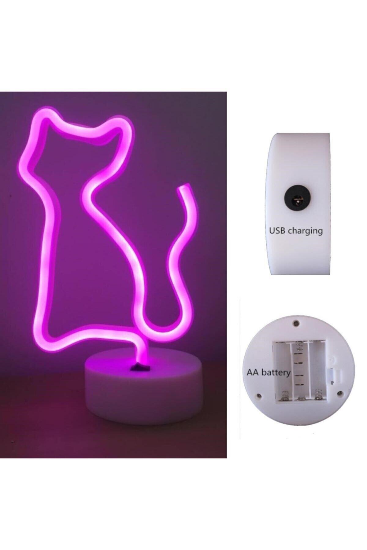epazzar Pembe Kedi Neon Led Işıklı Usb Girişli Pilli Masa Ve Gece Lambası