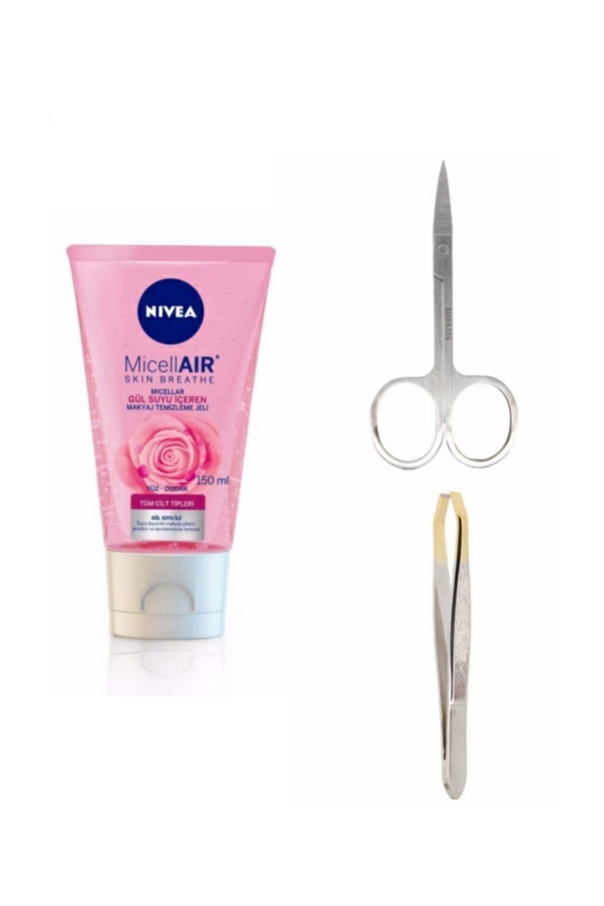 Nivea Micellair Gül Özü Makyaj Temizleme Jeli 150 Ml Ve Gümüş Kaş- Bıyık Makası Ve Cımbız Bakım Seti
