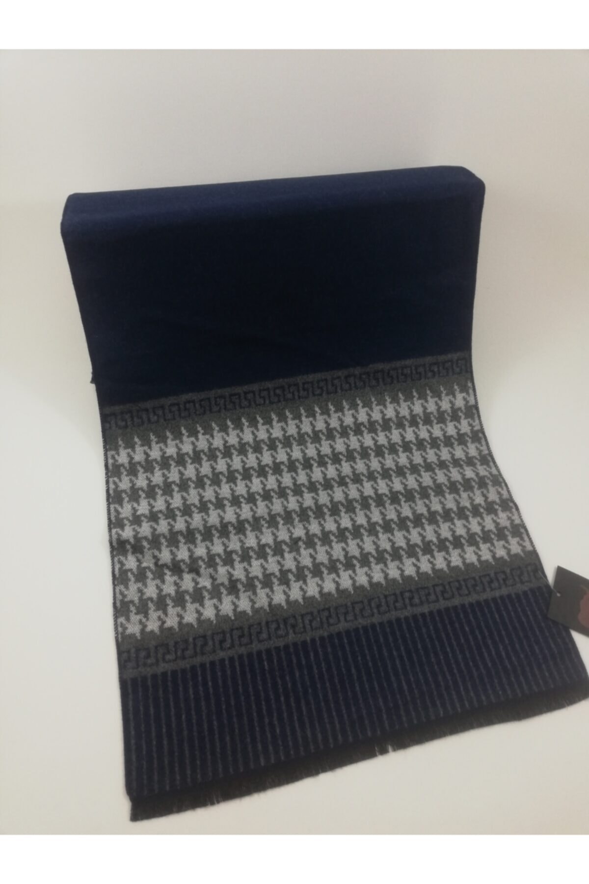 Minderya Unisex Kaşmir Kaz Ayağı Desenli Lacivert Atkı