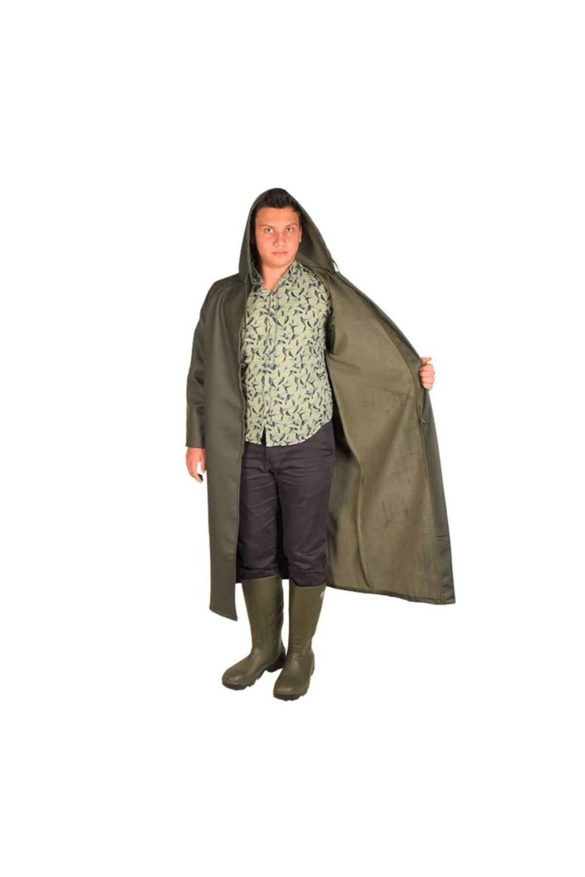 Polly Rain Unisex Haki İçi Polarlı Pvc Uzun Yağmurluk