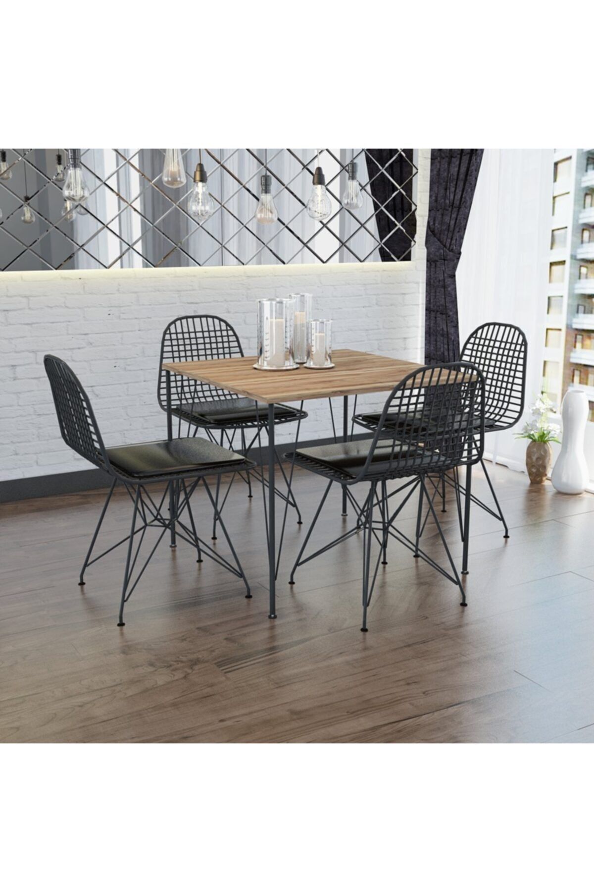 Gaga Mobilya Yemek Masa Takımı Mutfak Masası Cafe Masası 4 Adet Tel Sandalye 1 Adet 70*70 Masa