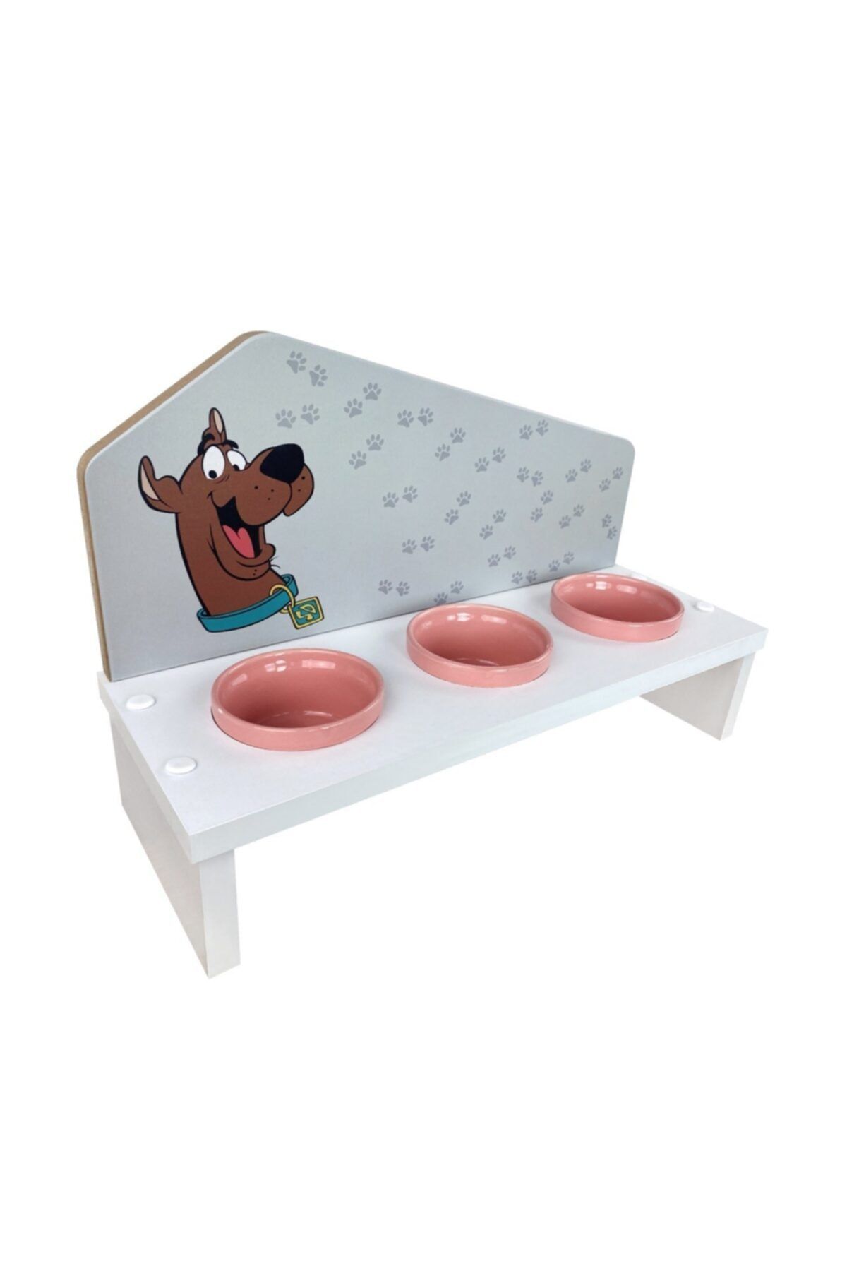 odunconcept 3'lü Pembe Seramik Kaseli Kedi Ve Küçük Irk Köpek Mama Ve Su Kabı Ahşap - Tamamen Beyaz - Scooby Doo