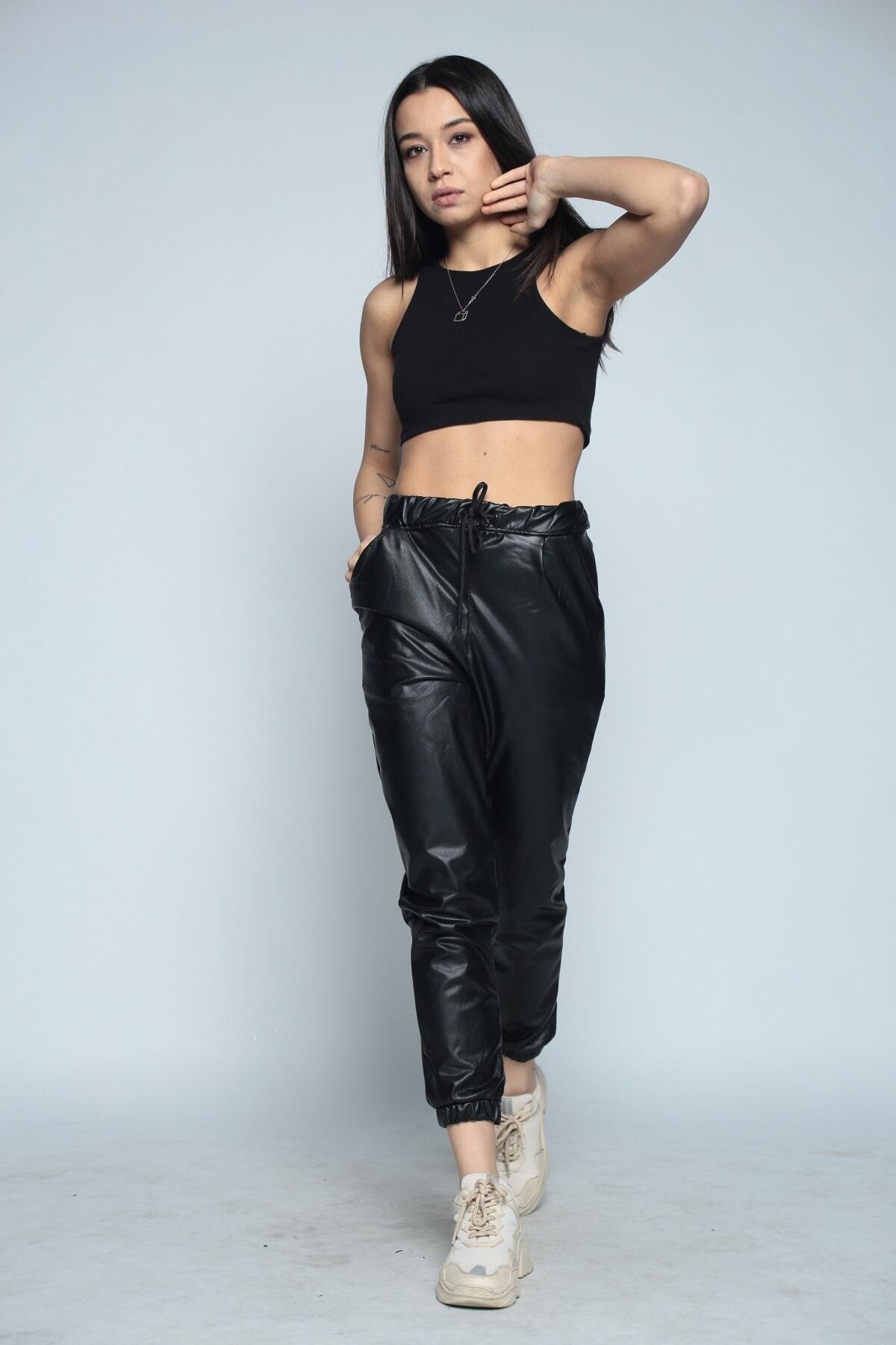 MojerHermosa Deri Yüksek Bel Siyah Beli Lastikli Ve Içi Peluşlu Pantolon Tayt